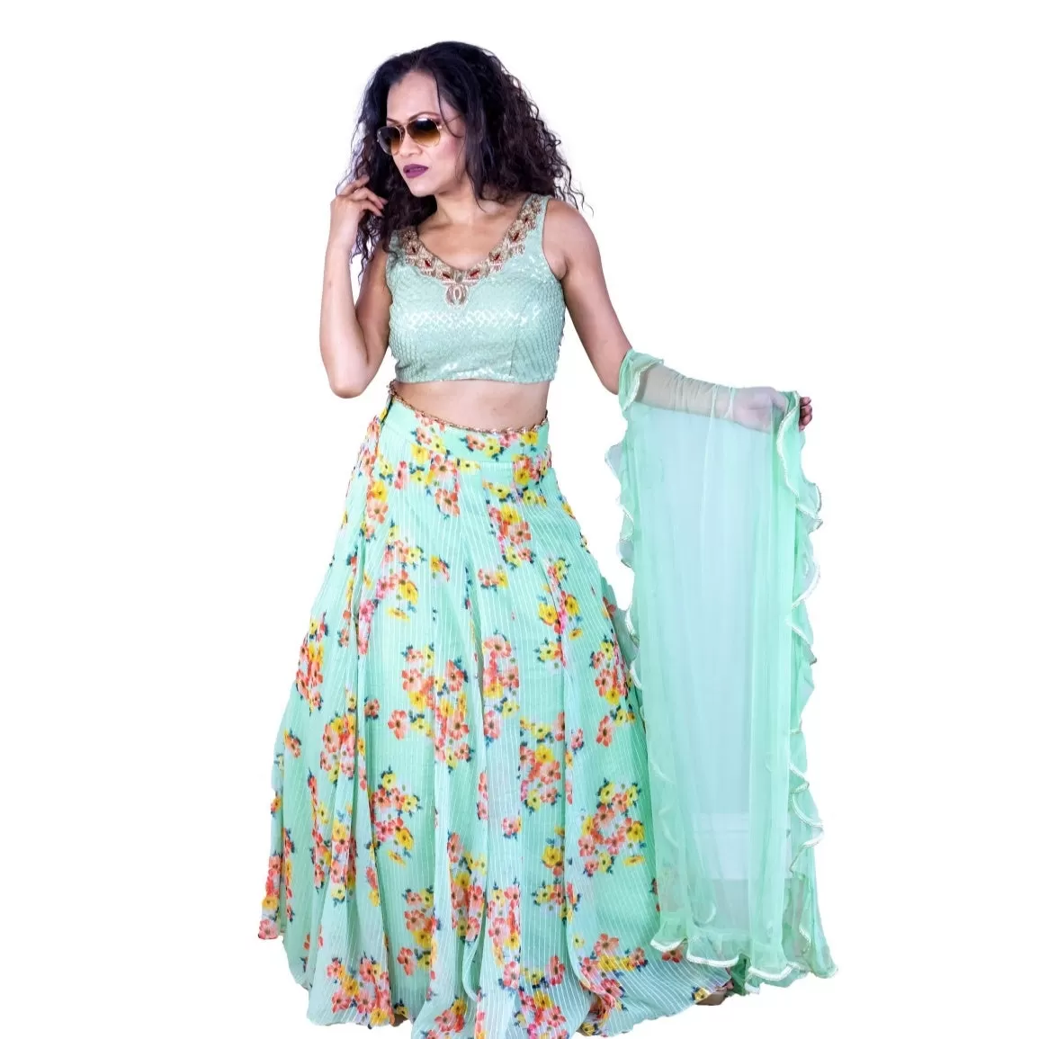 Floral design lehenga set - Green