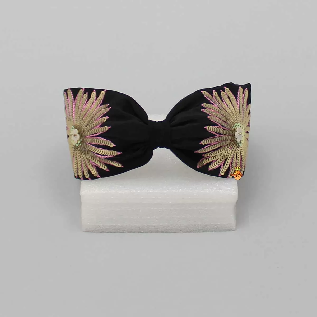 Floral Sequin-Embroidered Black Hair Band