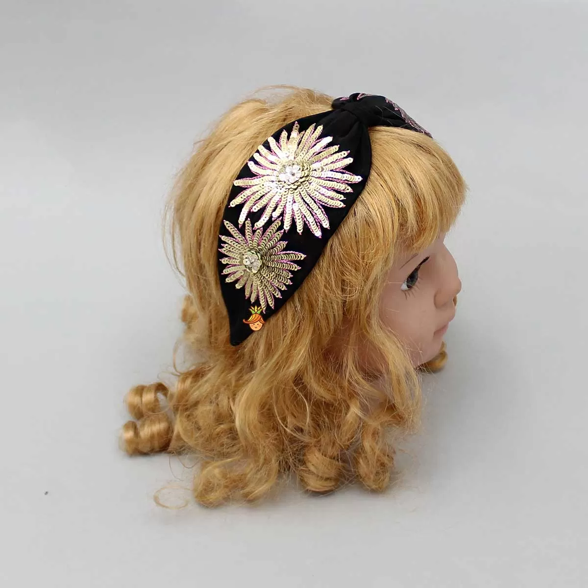 Floral Sequin-Embroidered Black Hair Band