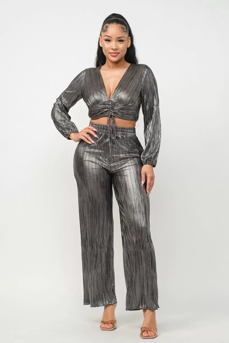 Foil Plisse Tunnel Shirring Top And Pants Set