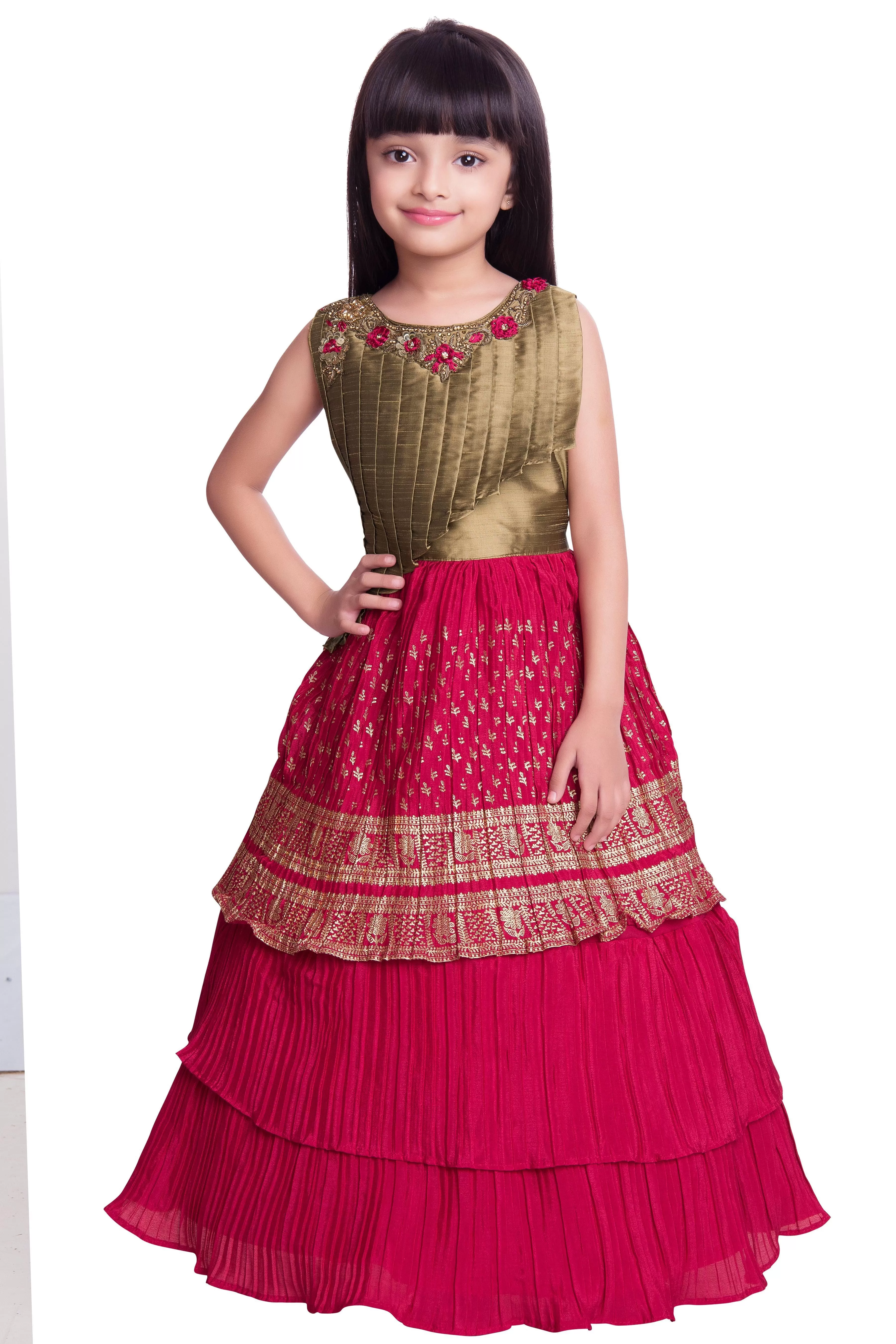 Girls Gold Toned and Green Ethnic Motifs Printed Pleated Chinon Gown For Girls