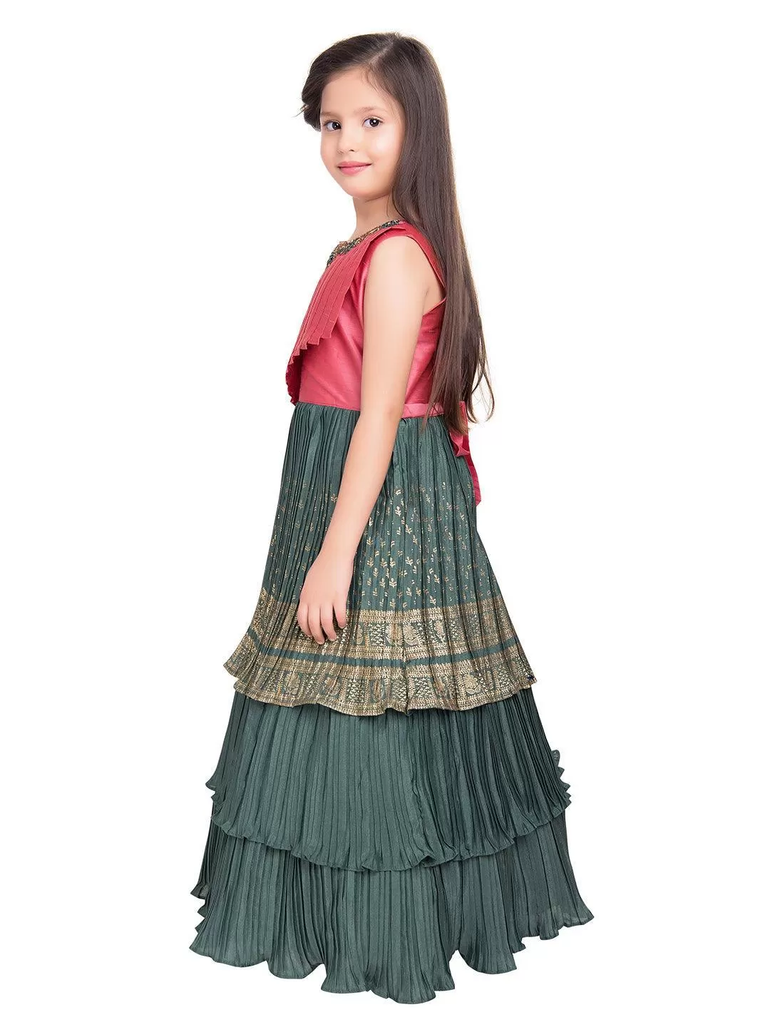 Girls Gold Toned and Green Ethnic Motifs Printed Pleated Chinon Gown For Girls