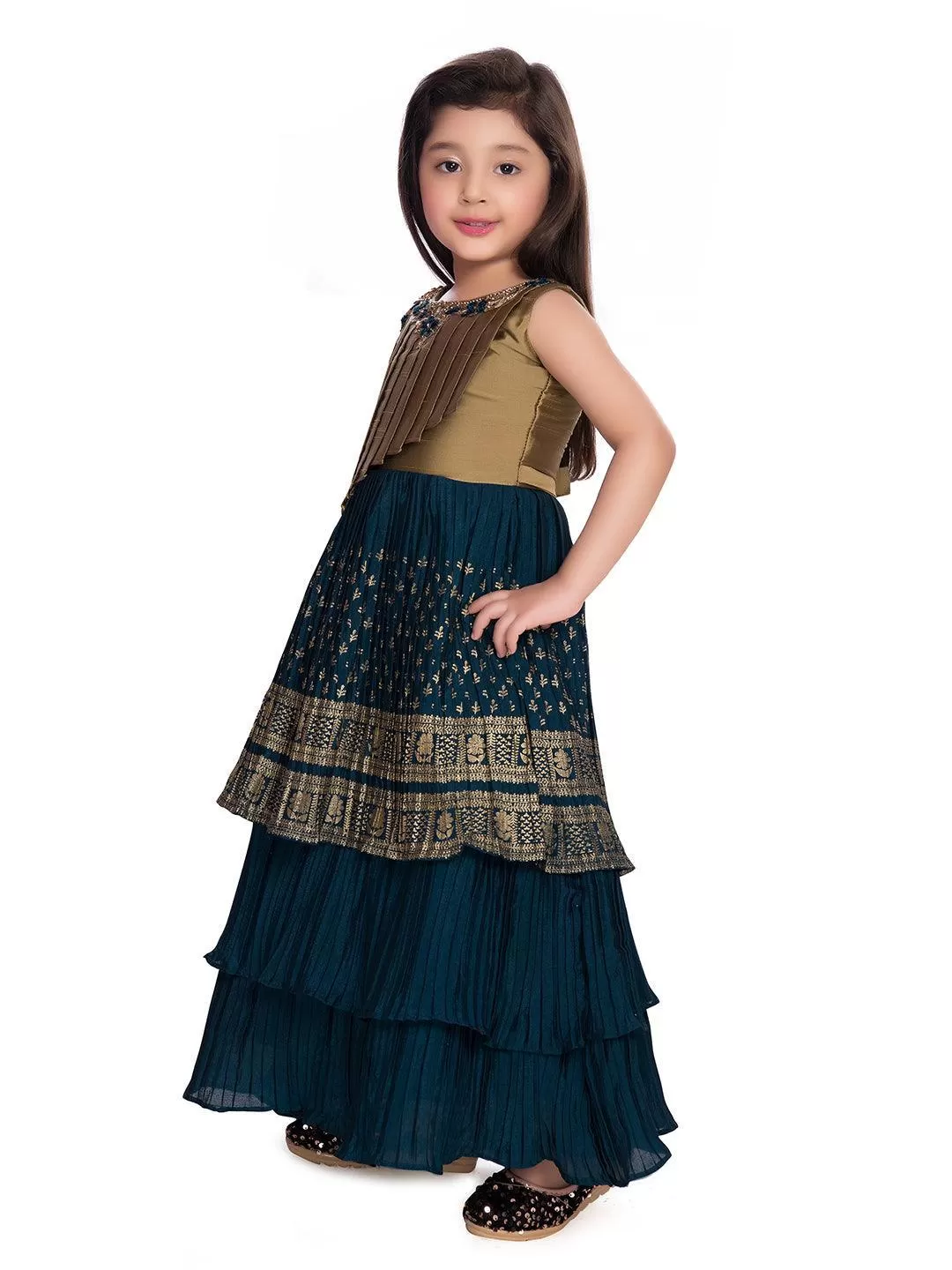 Girls Gold Toned and Green Ethnic Motifs Printed Pleated Chinon Gown For Girls