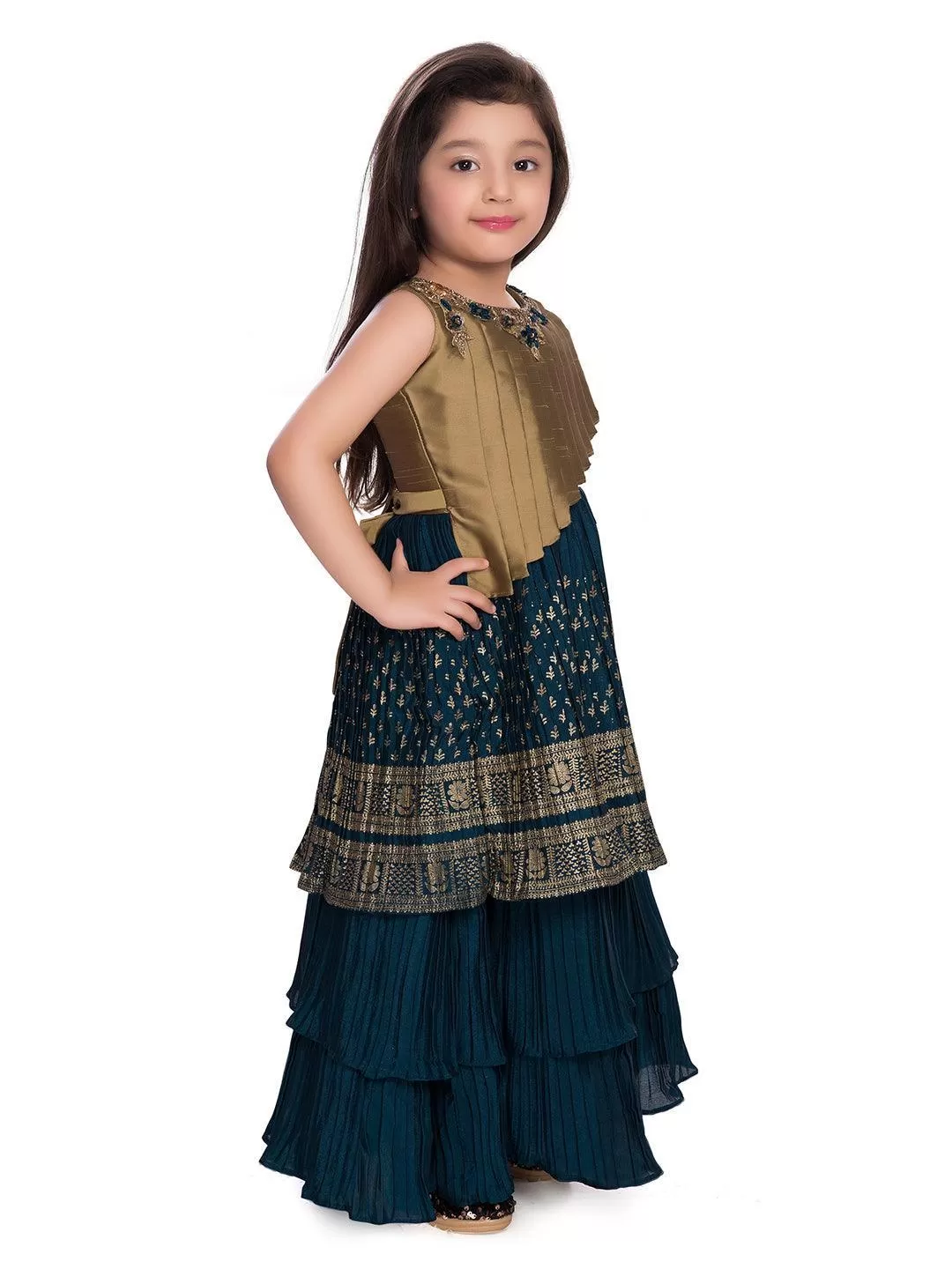 Girls Gold Toned and Green Ethnic Motifs Printed Pleated Chinon Gown For Girls