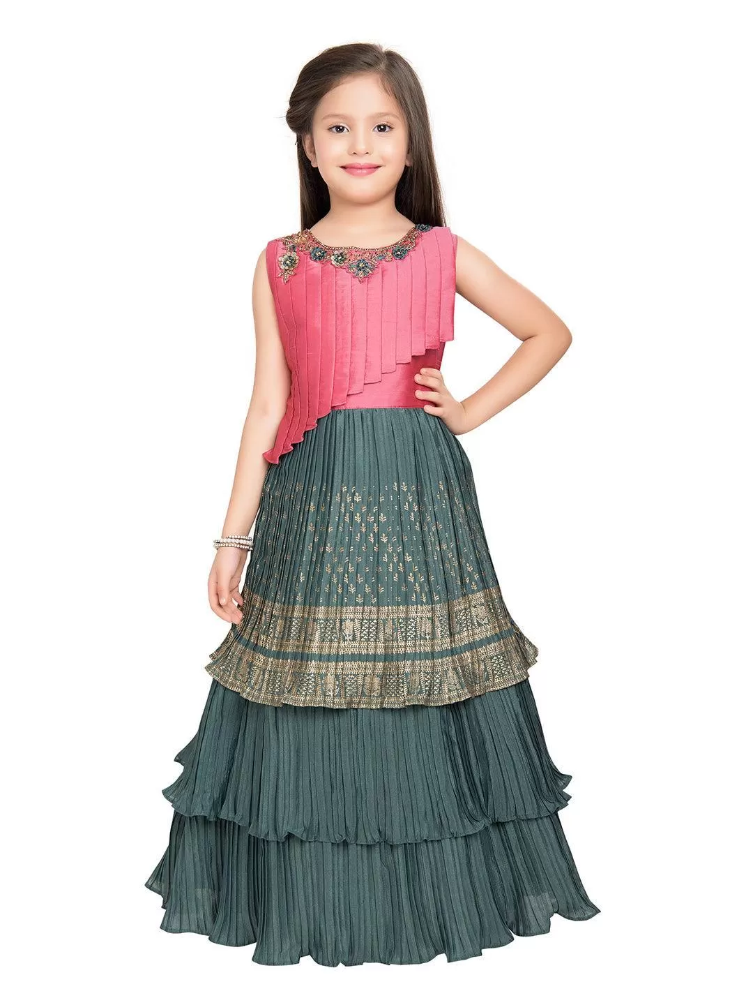 Girls Gold Toned and Green Ethnic Motifs Printed Pleated Chinon Gown For Girls