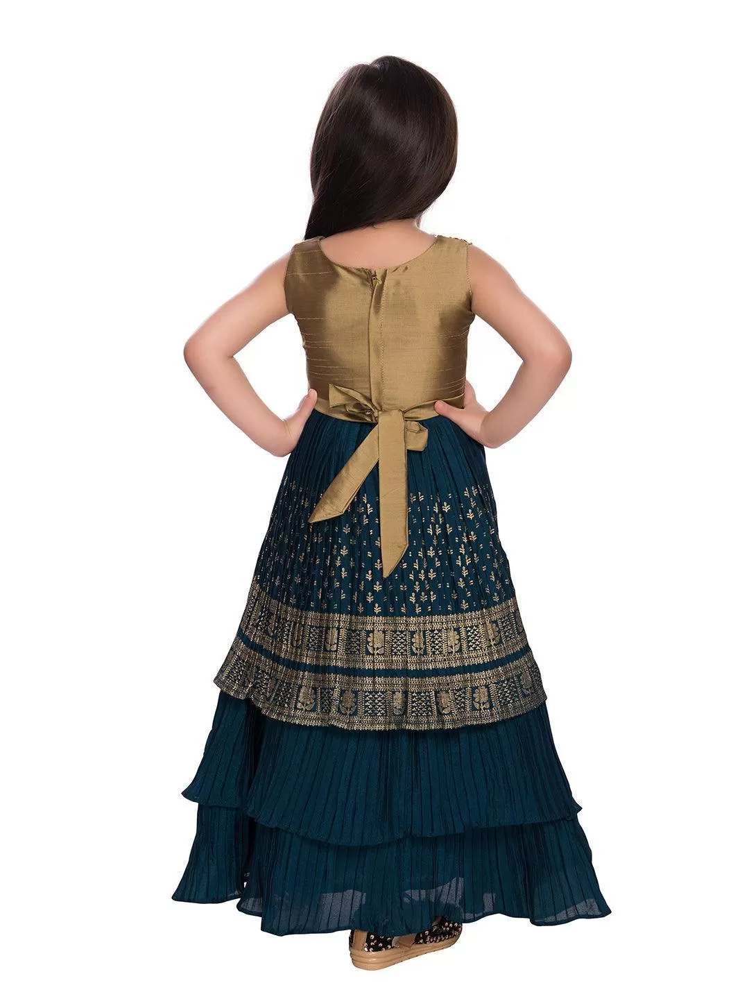 Girls Gold Toned and Green Ethnic Motifs Printed Pleated Chinon Gown For Girls