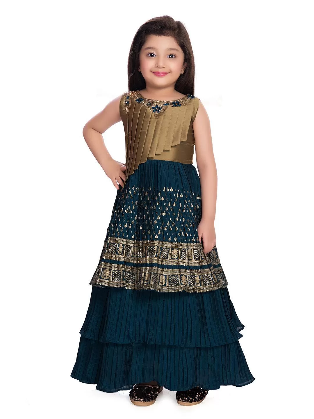 Girls Gold Toned and Green Ethnic Motifs Printed Pleated Chinon Gown For Girls