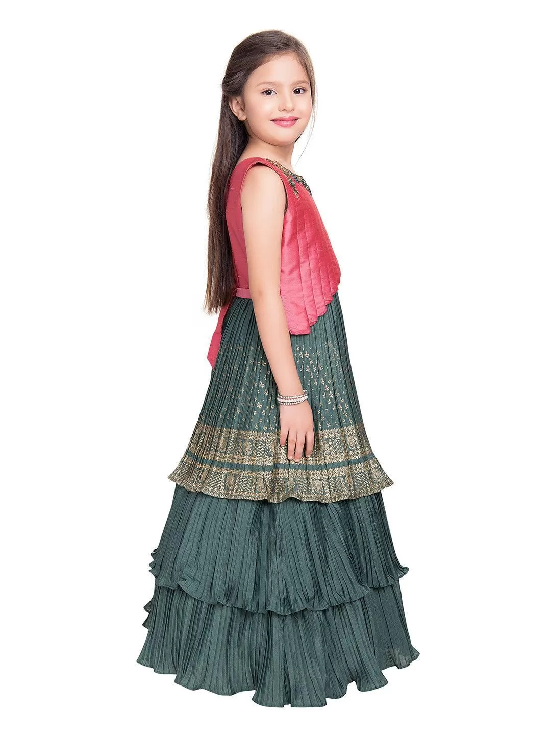 Girls Gold Toned and Green Ethnic Motifs Printed Pleated Chinon Gown For Girls