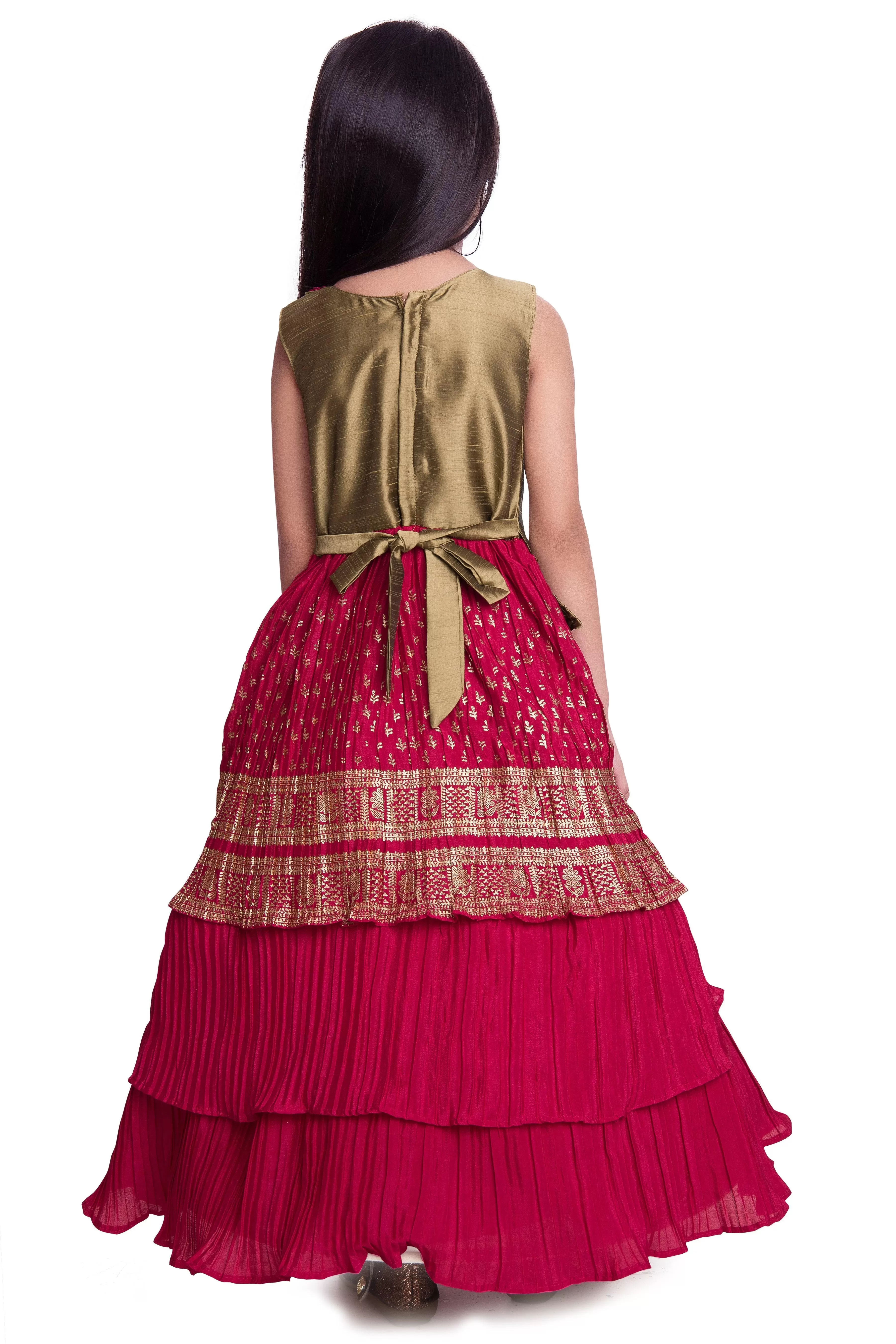 Girls Gold Toned and Green Ethnic Motifs Printed Pleated Chinon Gown For Girls