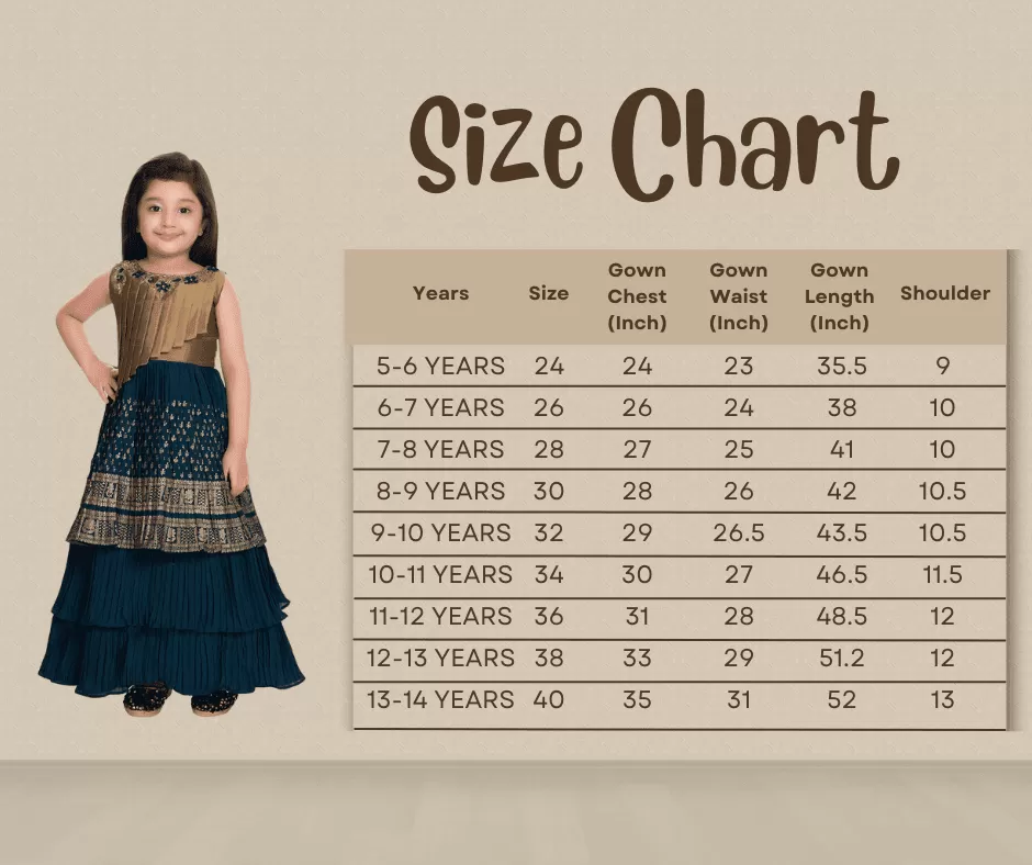 Girls Gold Toned and Green Ethnic Motifs Printed Pleated Chinon Gown For Girls