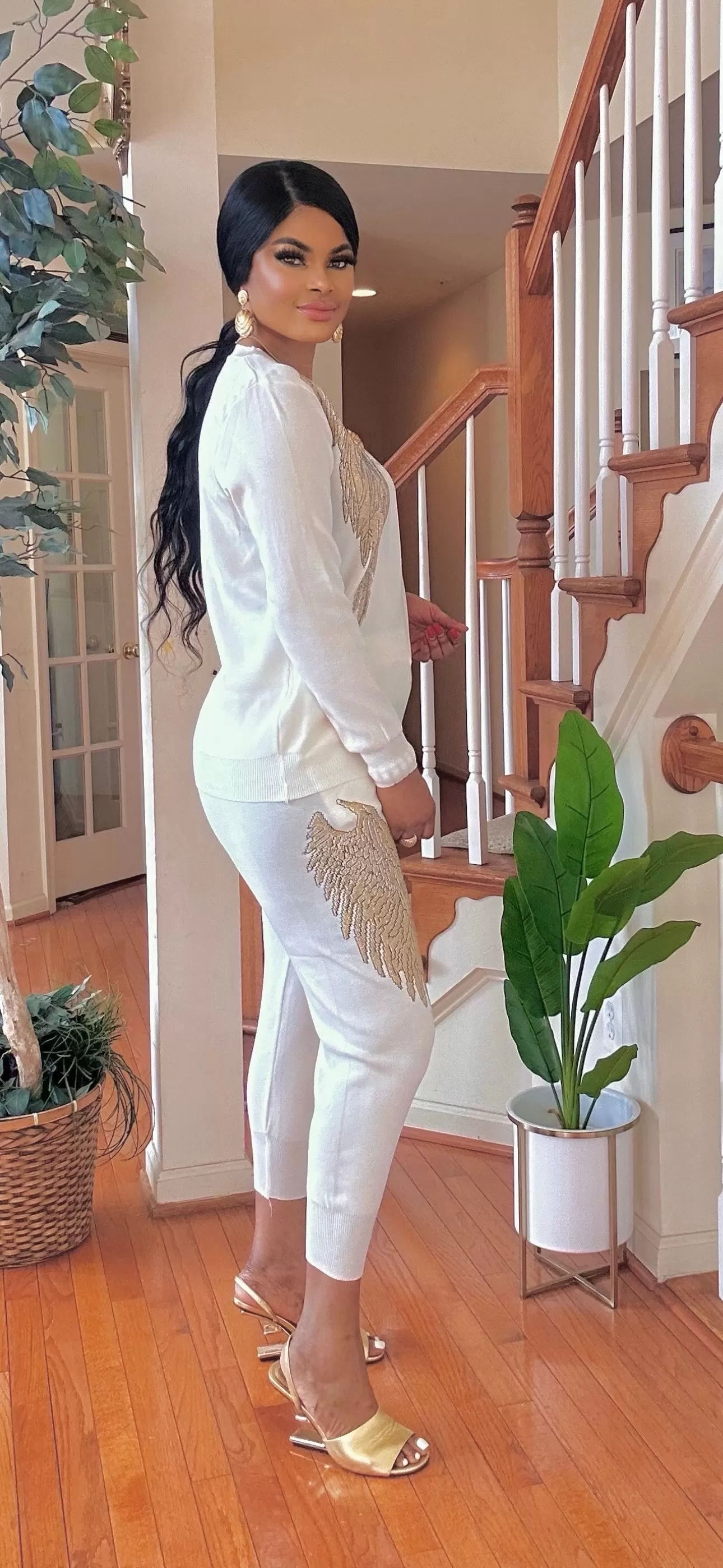 Gold-white rhinestone SWEATER jogger knit set