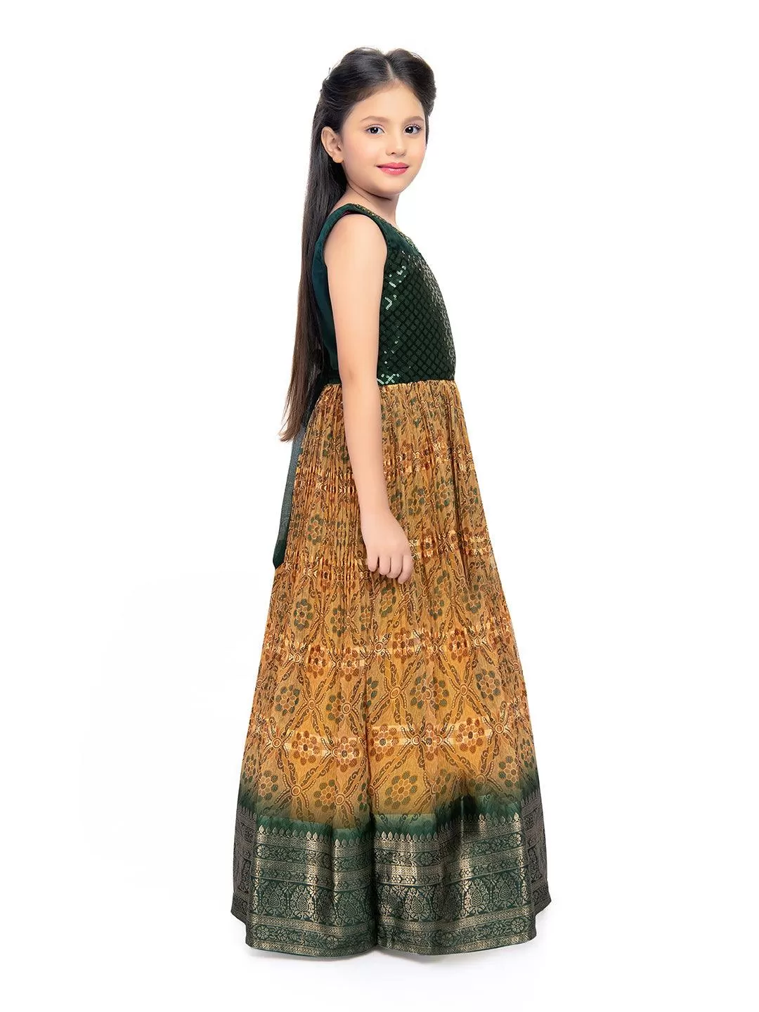 Green Coloured Sequin Top With Pleated Dupatta Style Gown For Girls