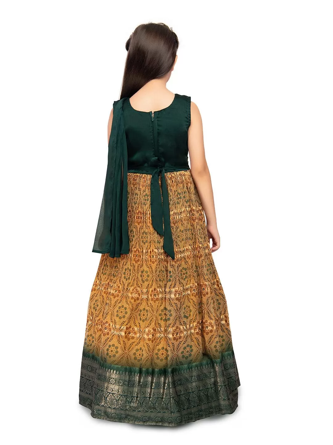 Green Coloured Sequin Top With Pleated Dupatta Style Gown For Girls