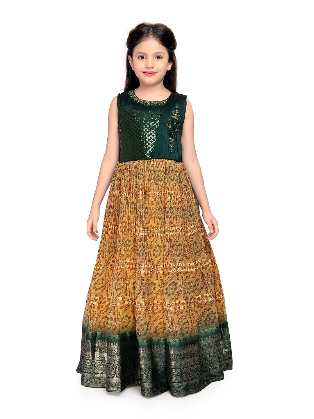 Green Coloured Sequin Top With Pleated Dupatta Style Gown For Girls