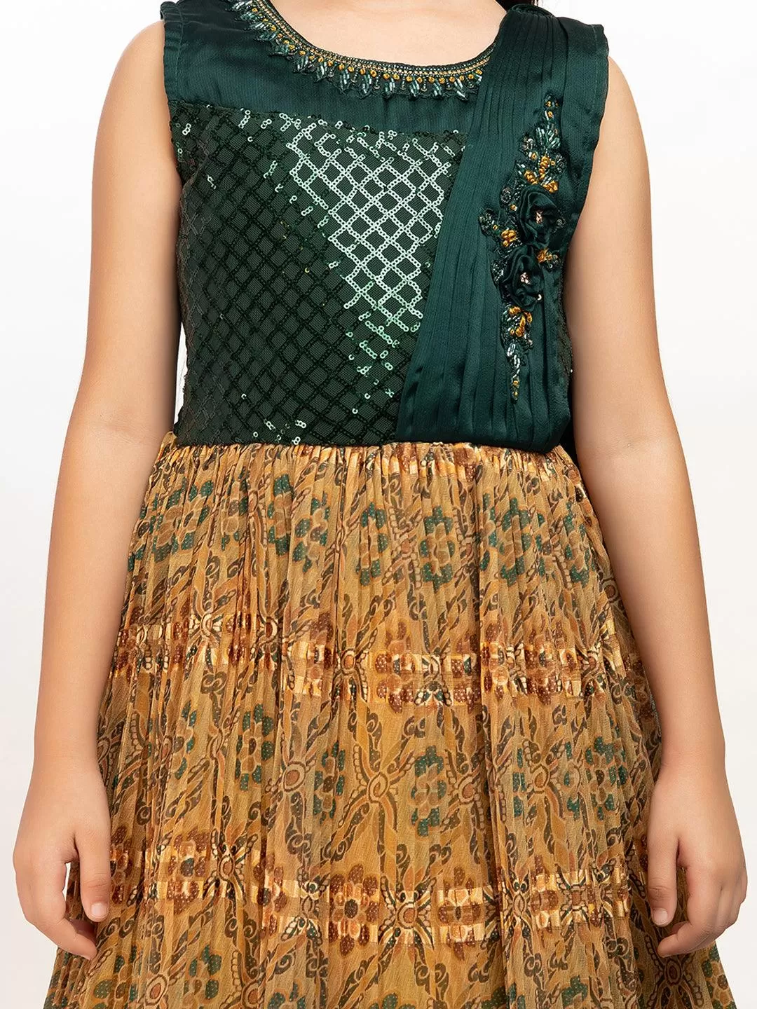 Green Coloured Sequin Top With Pleated Dupatta Style Gown For Girls