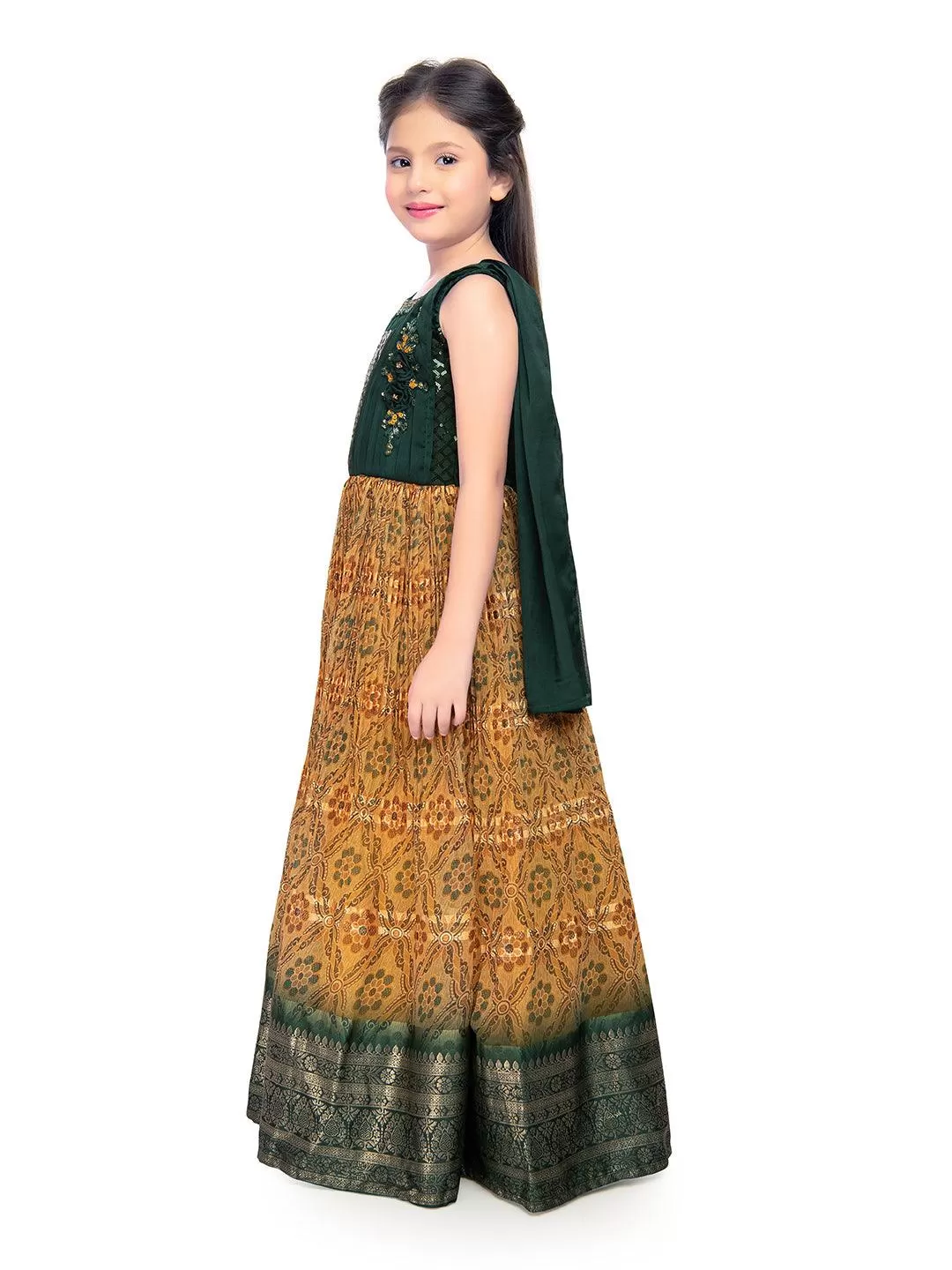 Green Coloured Sequin Top With Pleated Dupatta Style Gown For Girls