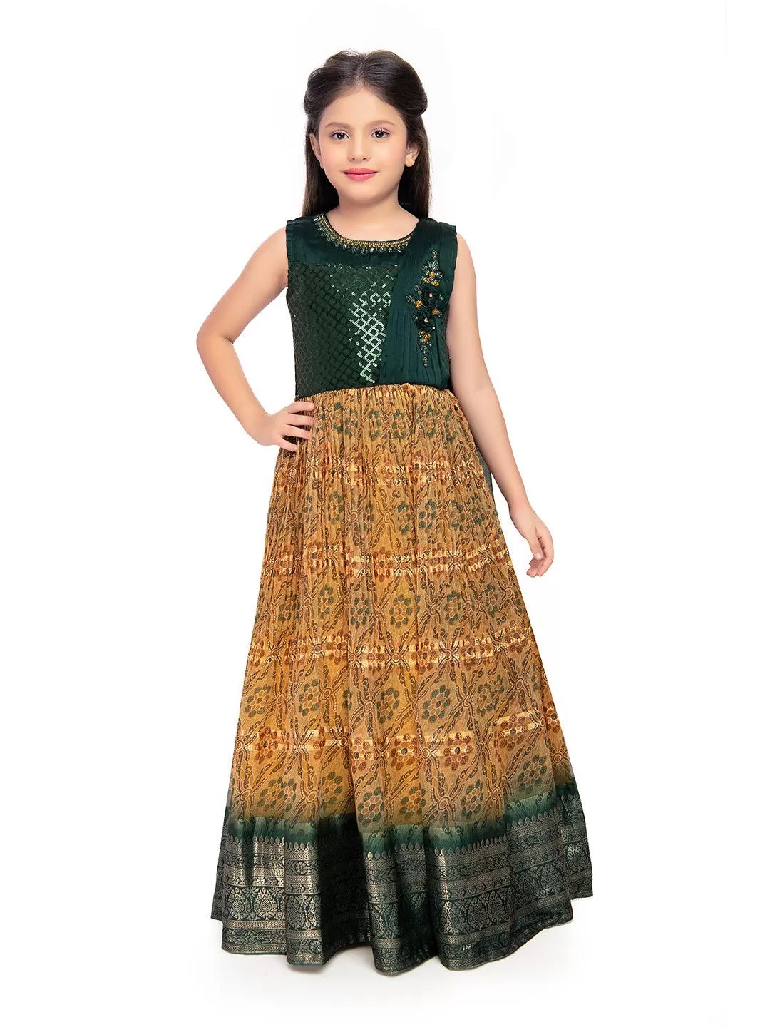 Green Coloured Sequin Top With Pleated Dupatta Style Gown For Girls