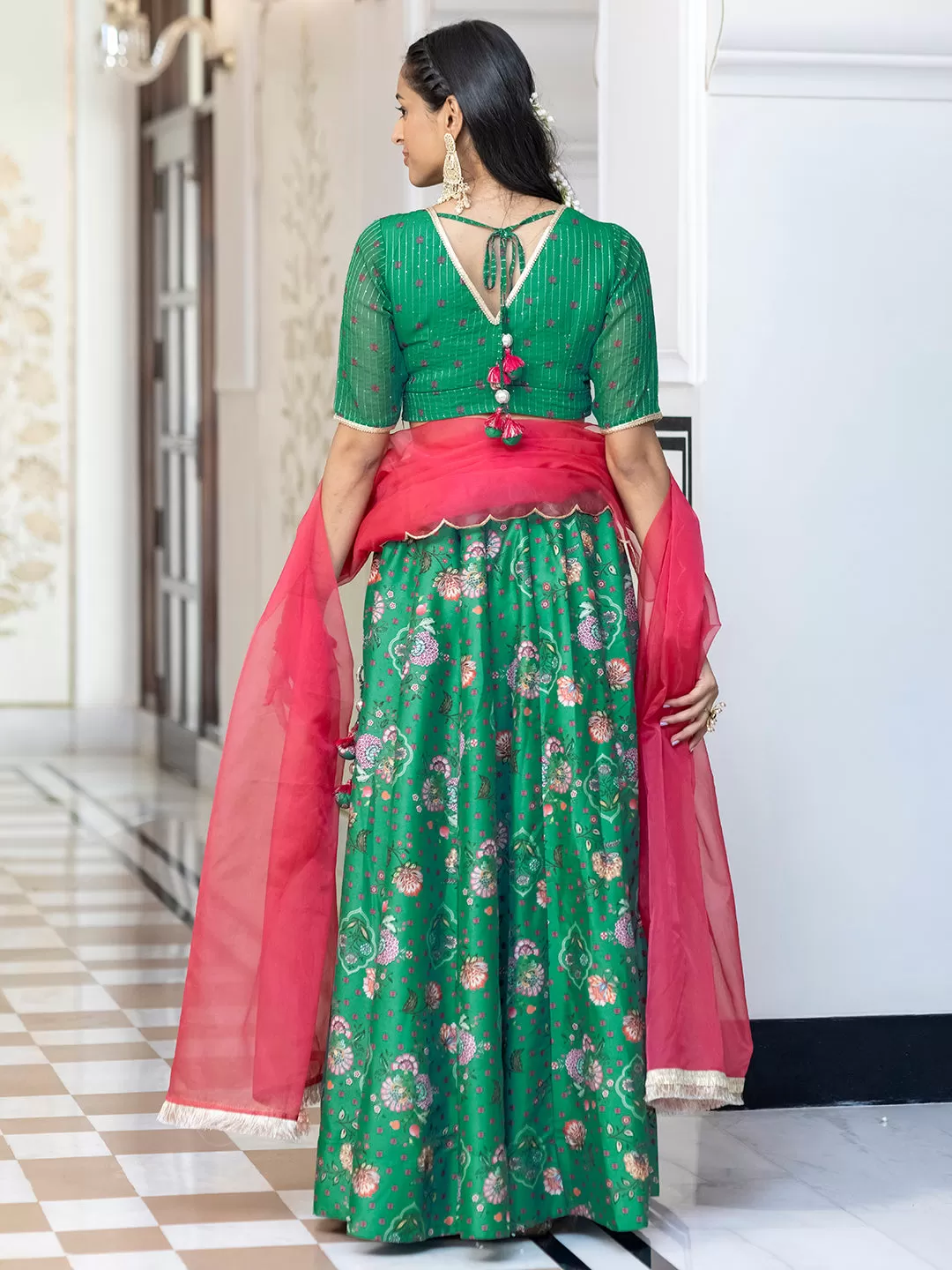 Green Crepe Silk Digital Floral Printed Lehenga Choli With Dupatta