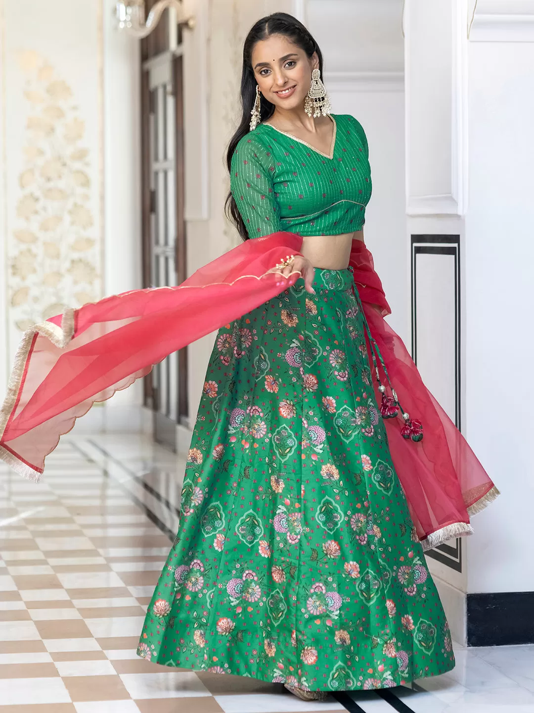 Green Crepe Silk Digital Floral Printed Lehenga Choli With Dupatta