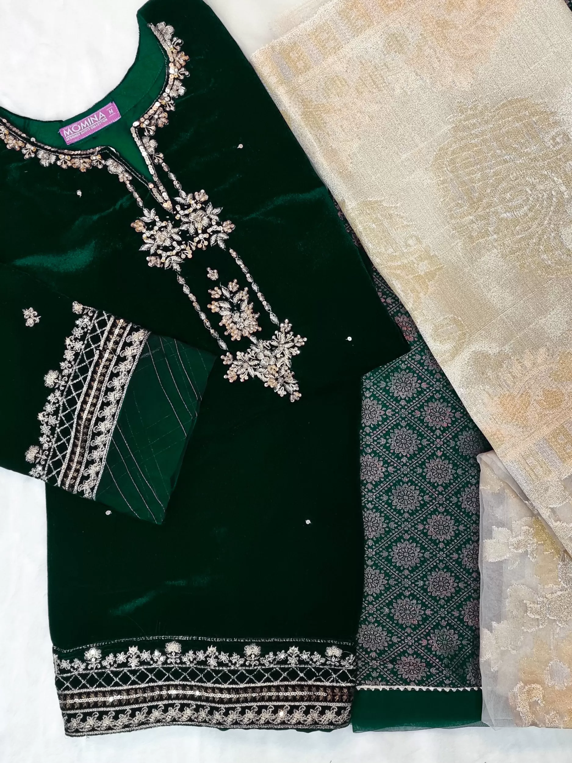 Green Embroidered Velvet 3-Piece Suit