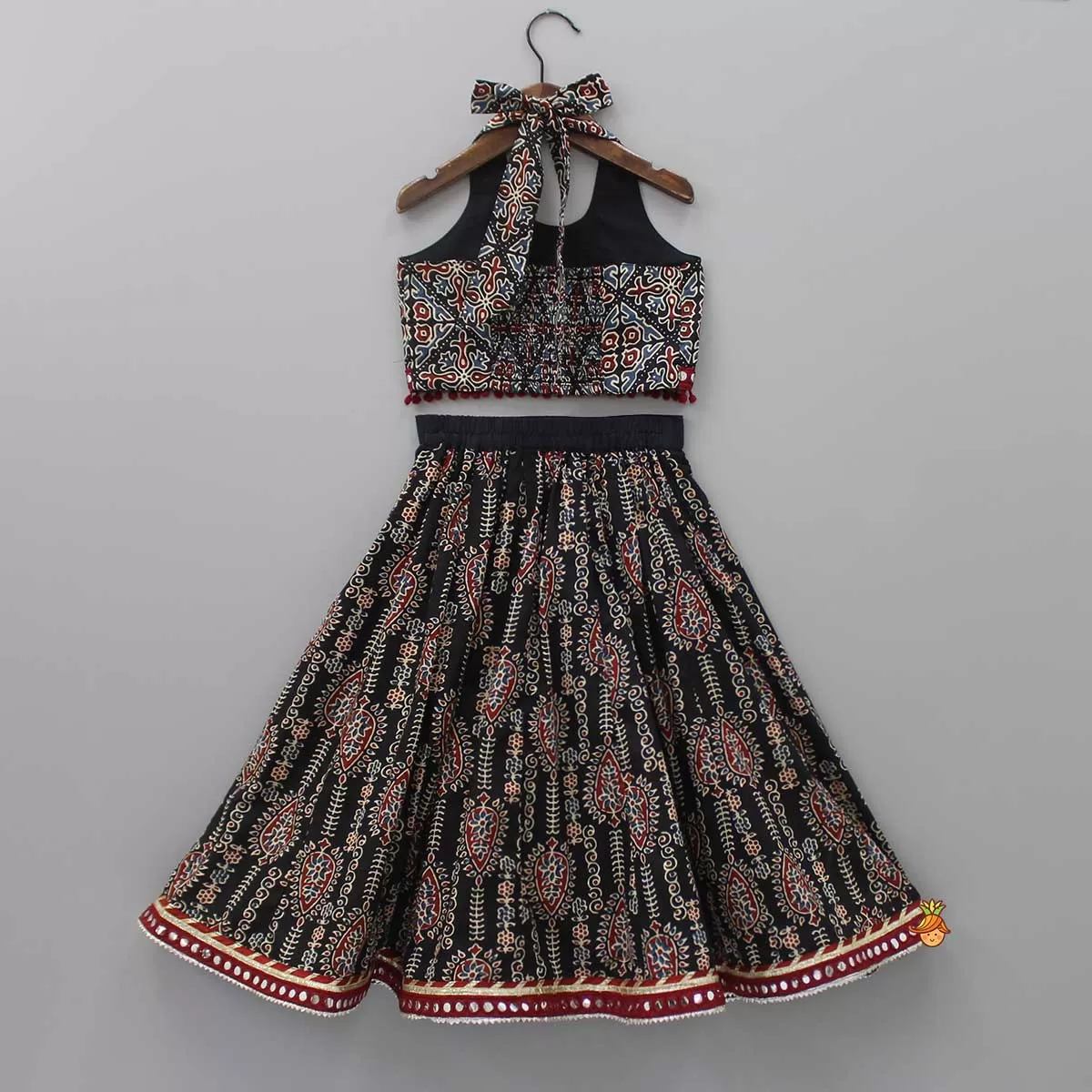 Halter Neck Smocked Back Printed Top And Lehenga