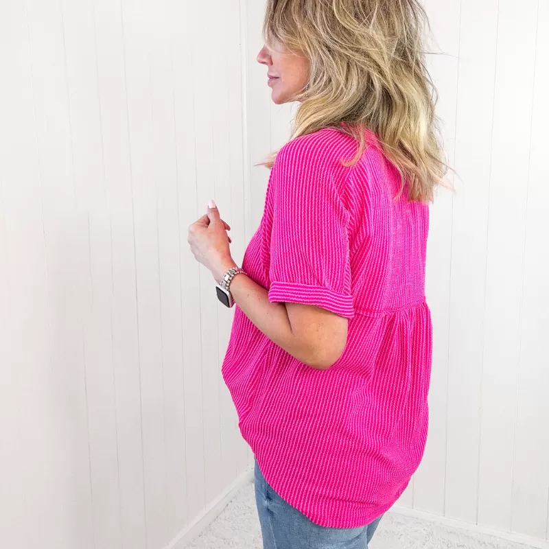 Hot Pink Andree Textured Line Ribbed Short Sleeve Top