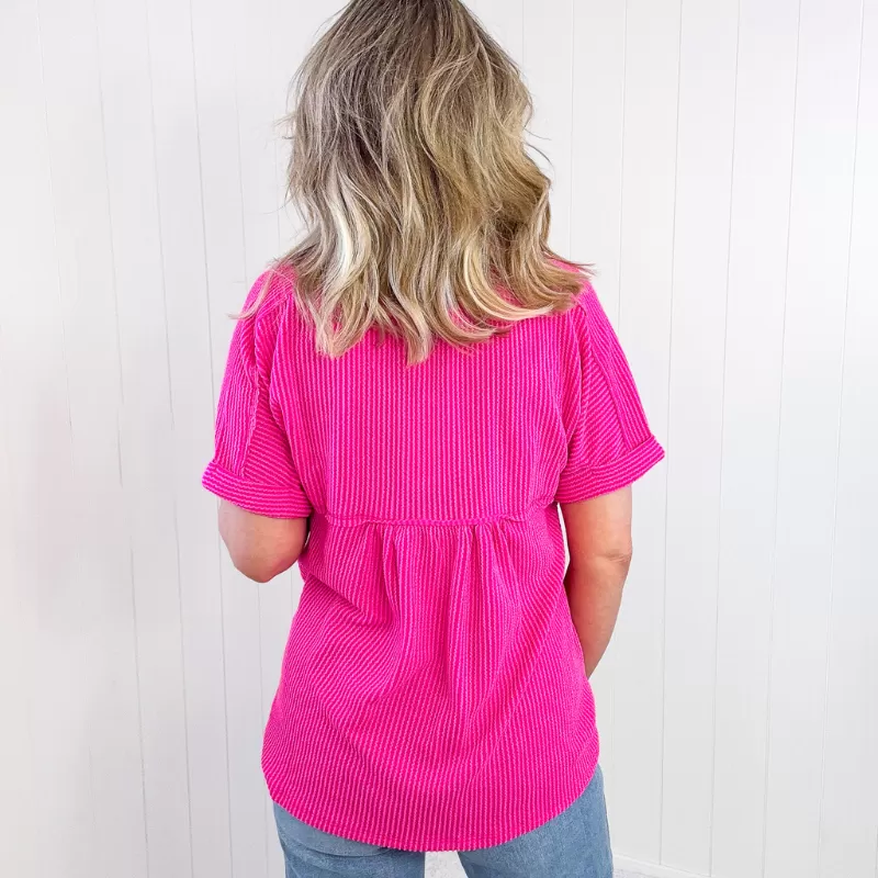 Hot Pink Andree Textured Line Ribbed Short Sleeve Top