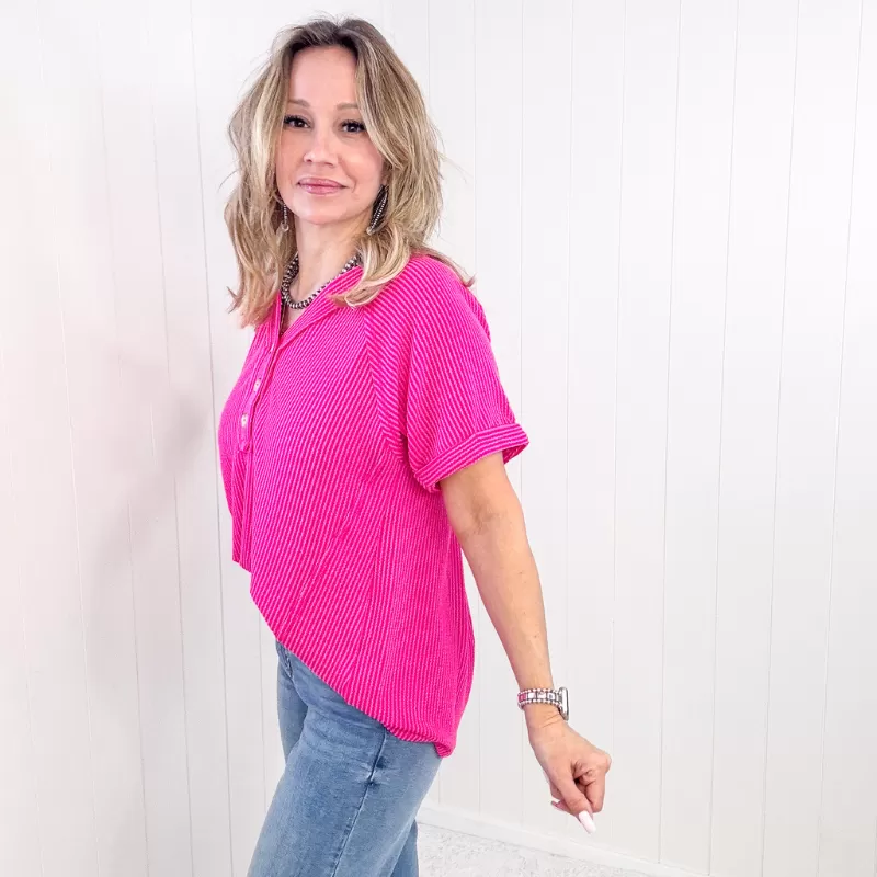 Hot Pink Andree Textured Line Ribbed Short Sleeve Top