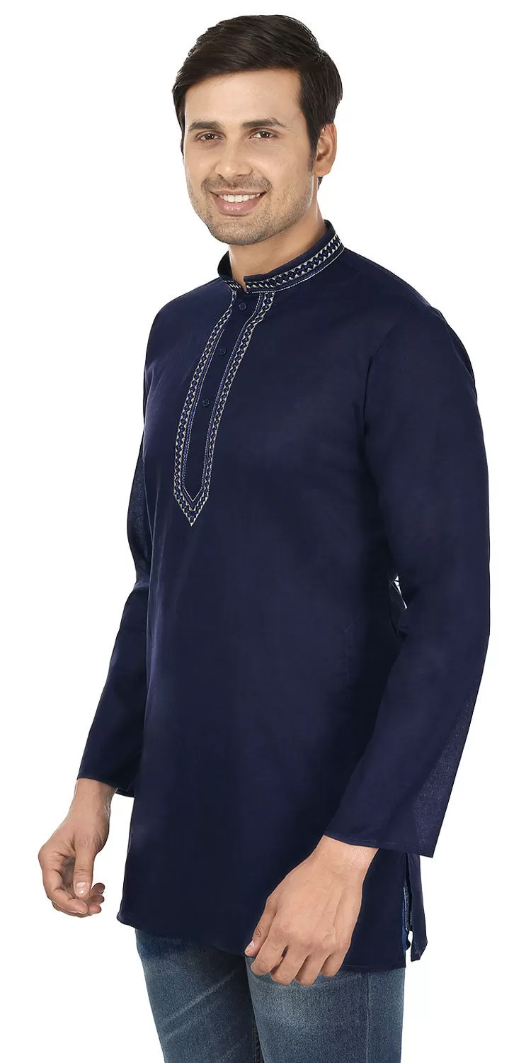 Indian Clothing Embroidered Cotton Short Kurta for Men (Dark Blue)