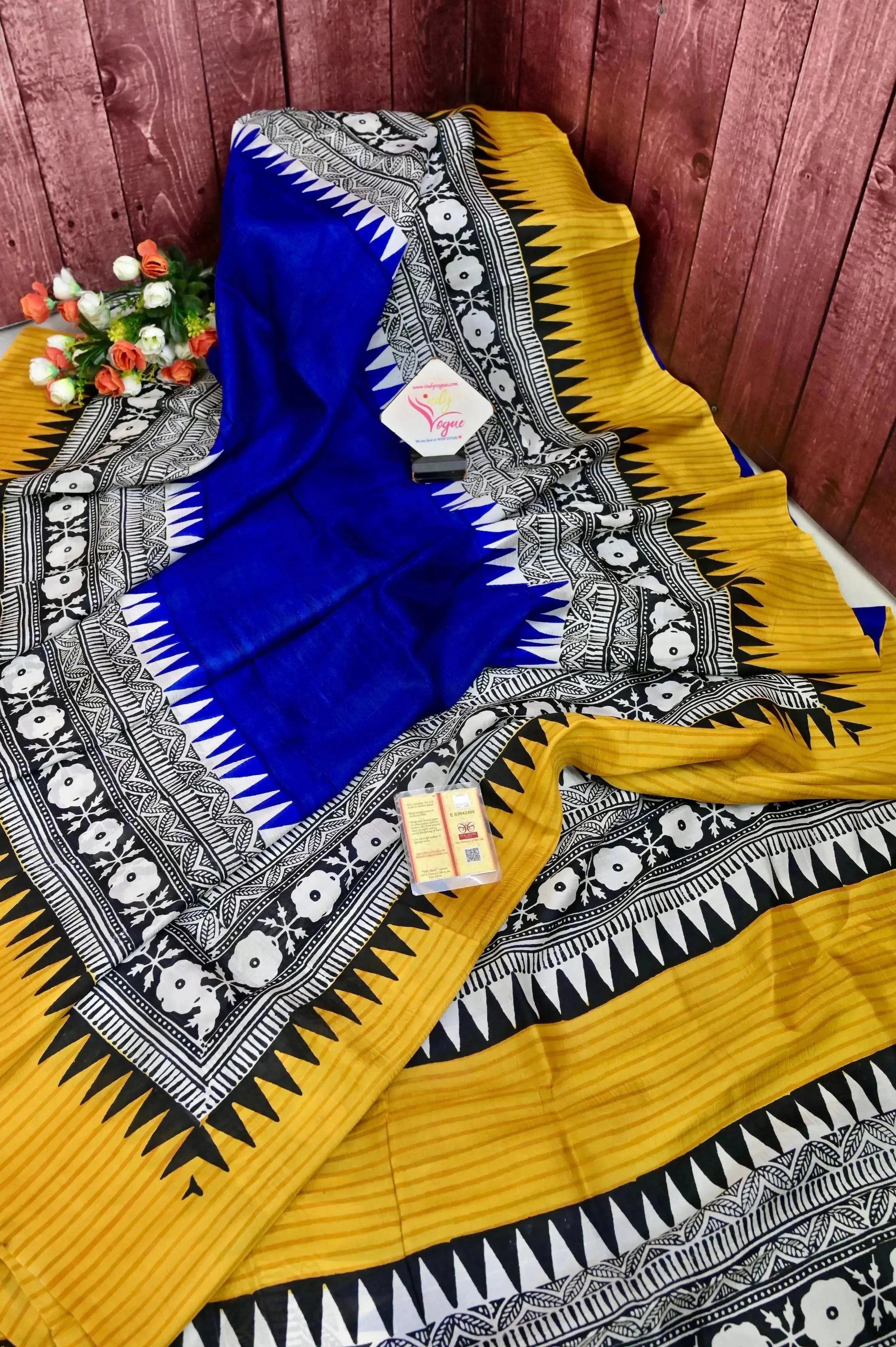 Indigo Blue and Yellow Color Bishnupur Silk Saree with Hand Block and Skirt Border