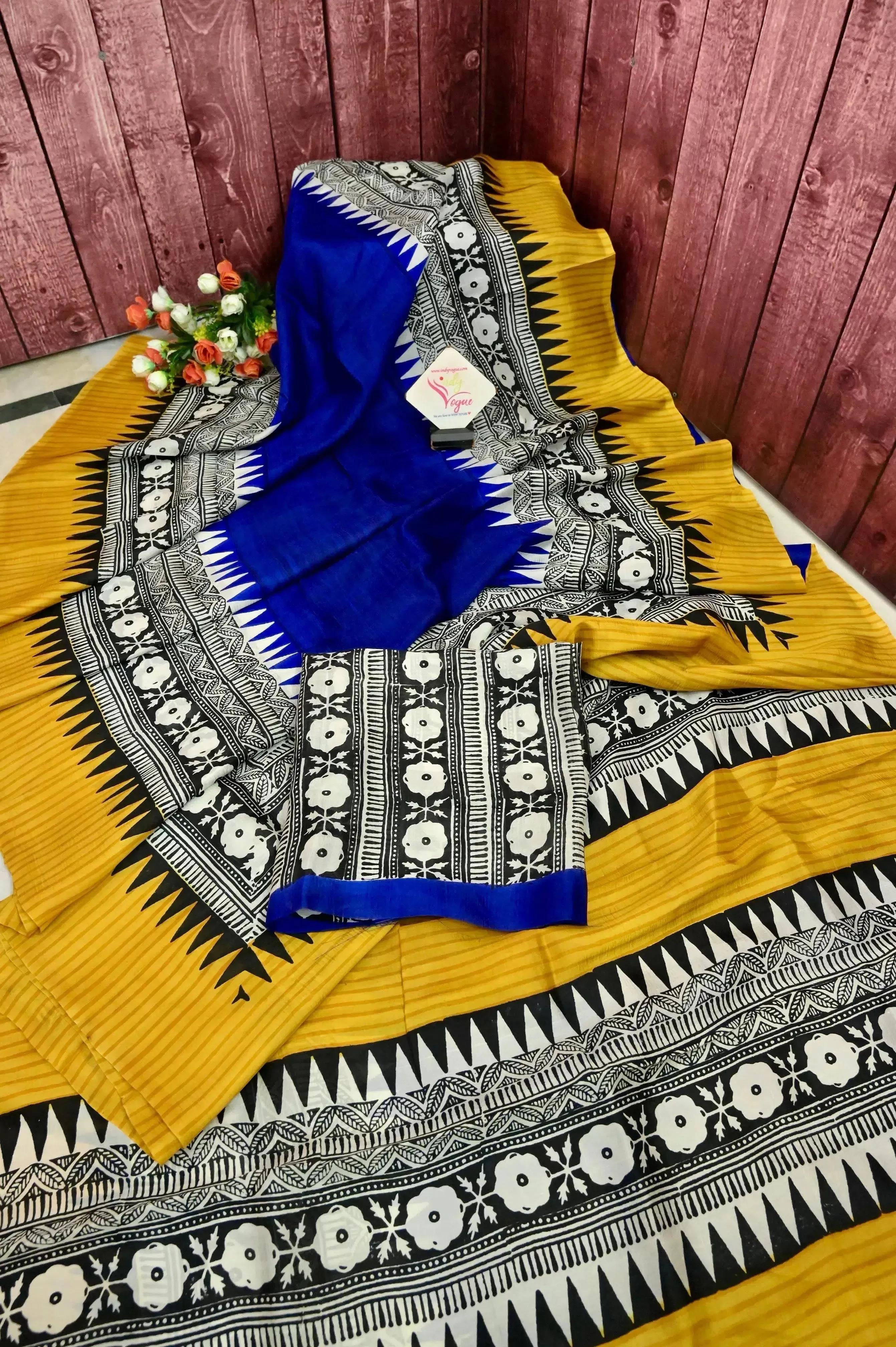 Indigo Blue and Yellow Color Bishnupur Silk Saree with Hand Block and Skirt Border