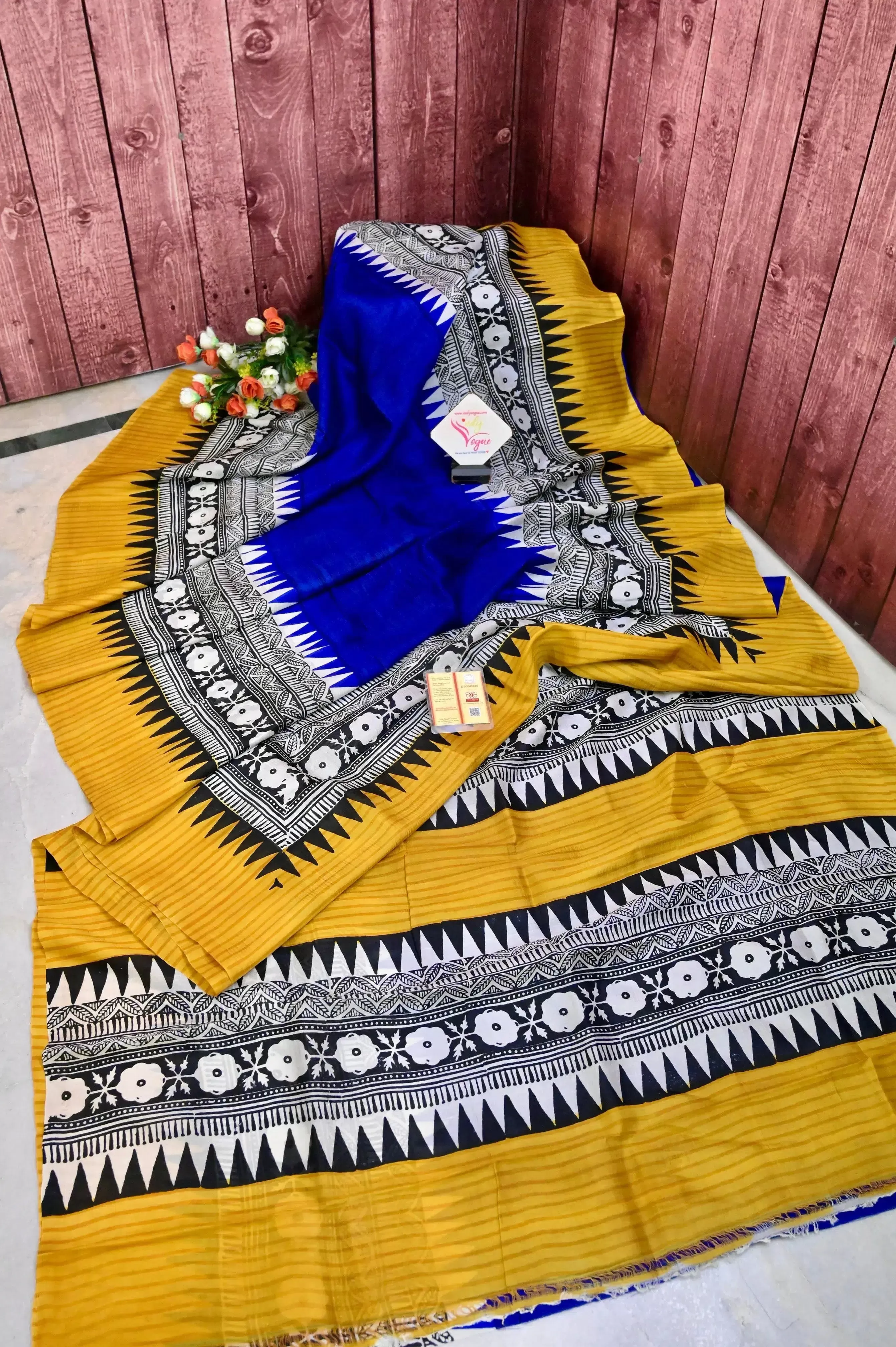 Indigo Blue and Yellow Color Bishnupur Silk Saree with Hand Block and Skirt Border