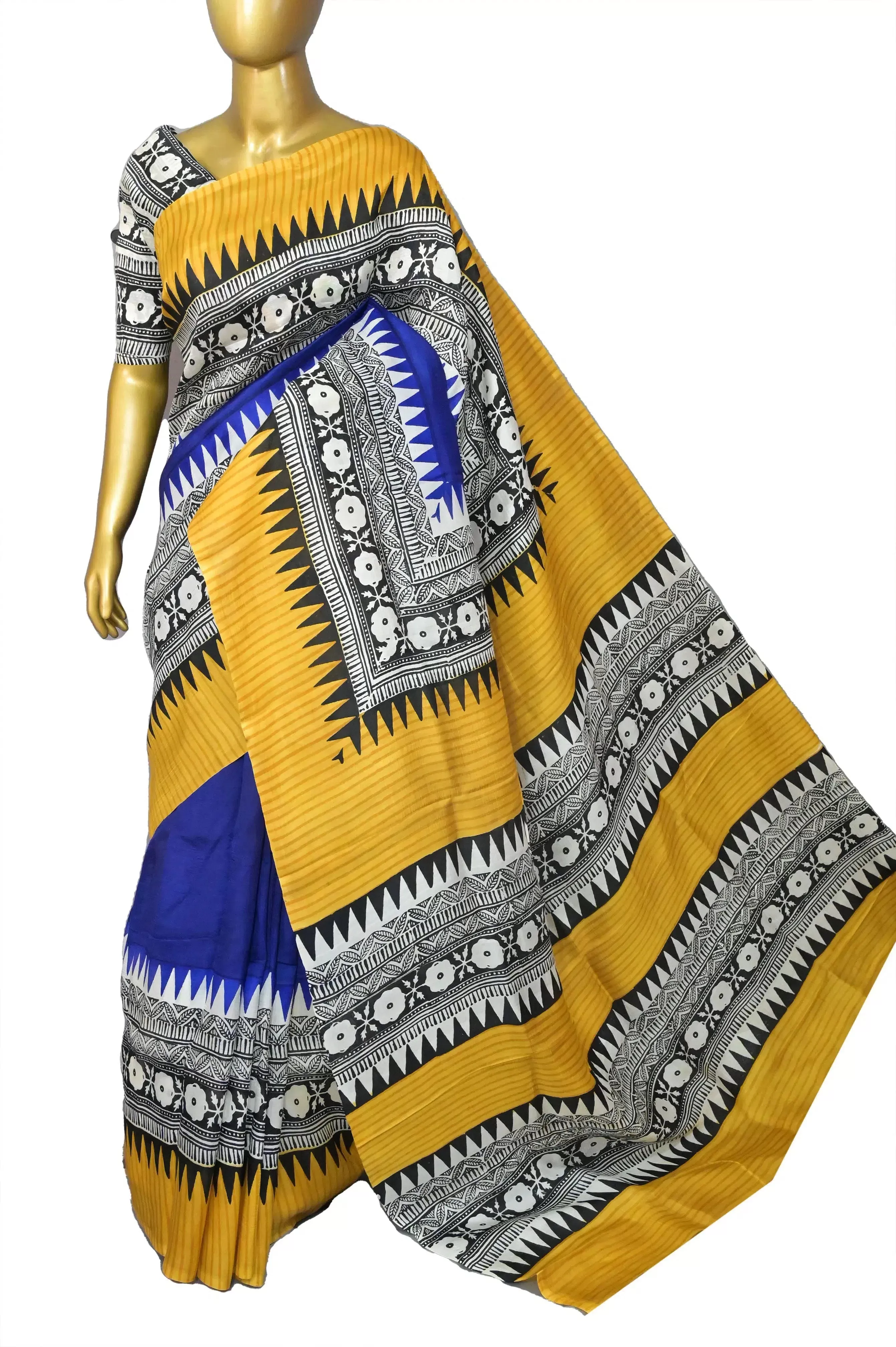 Indigo Blue and Yellow Color Bishnupur Silk Saree with Hand Block and Skirt Border