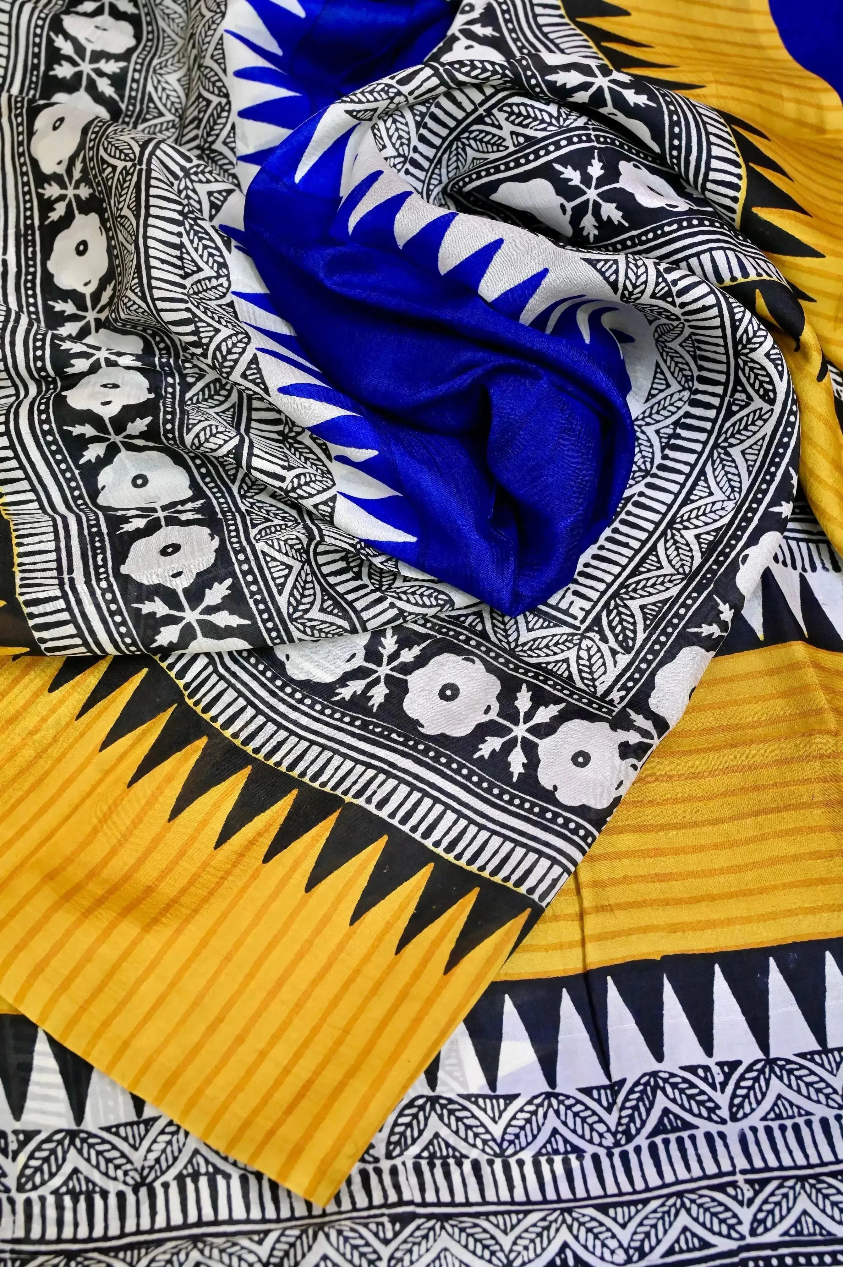 Indigo Blue and Yellow Color Bishnupur Silk Saree with Hand Block and Skirt Border