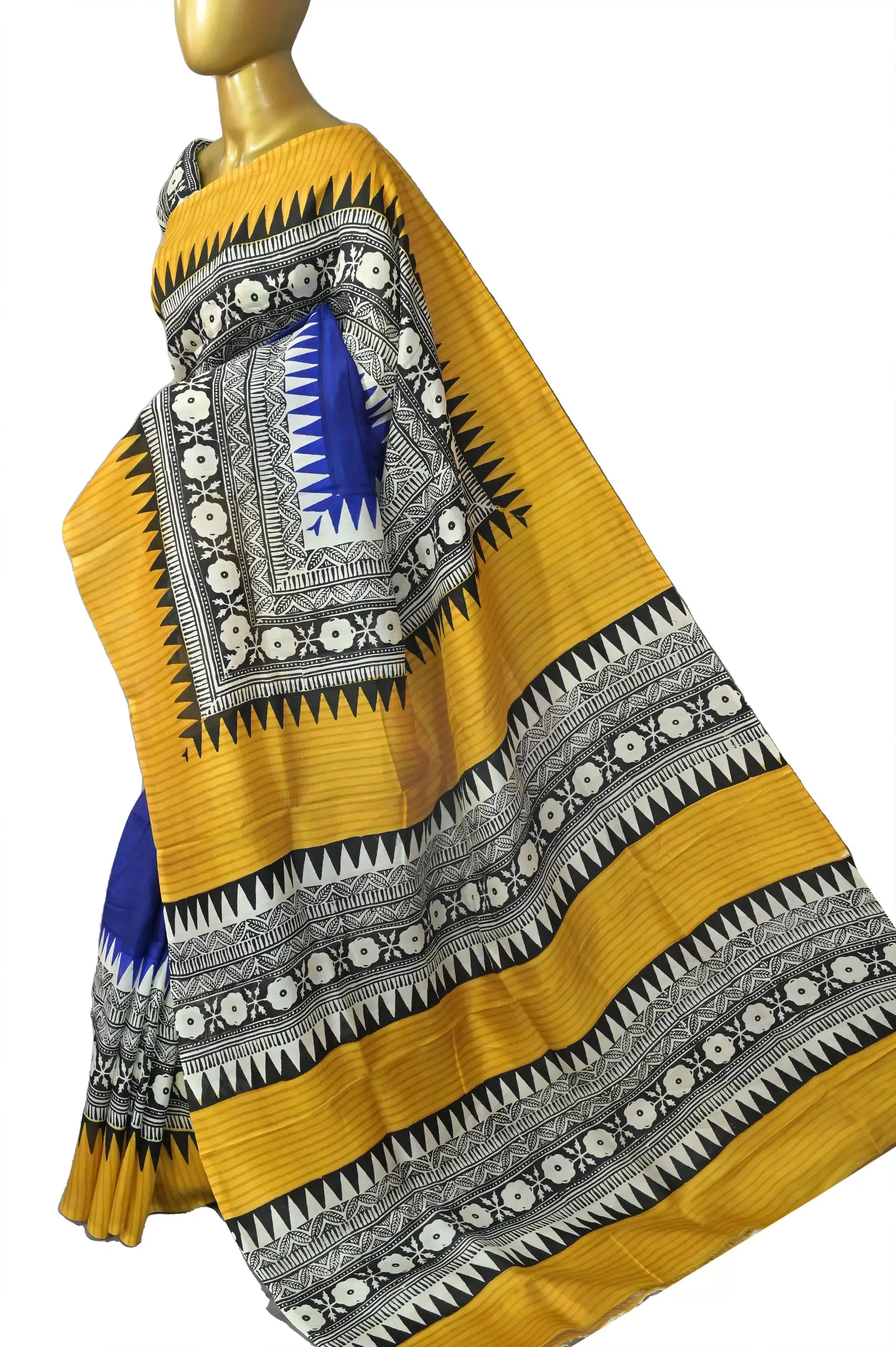 Indigo Blue and Yellow Color Bishnupur Silk Saree with Hand Block and Skirt Border