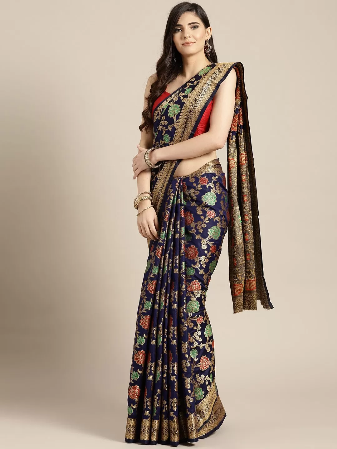 Ishin Art Silk Navy Blue Floral Woven Women's Saree