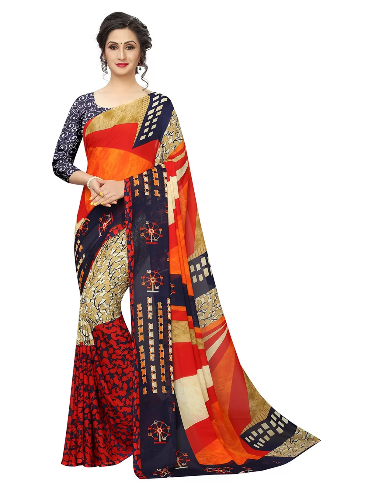 Ishin Poly Georgette Mulicolor Printed Women's Saree/Sari