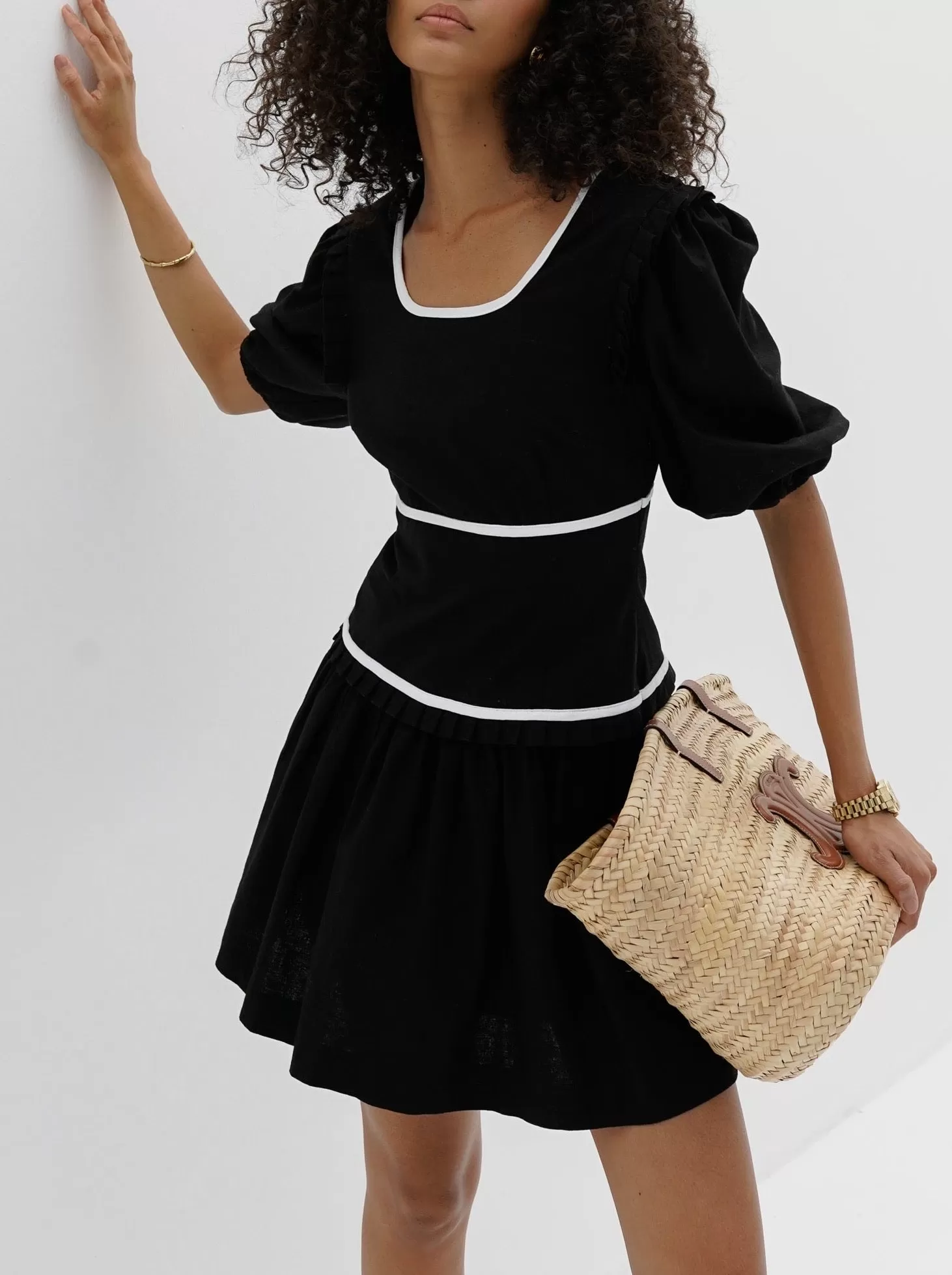 Issey Contrast Linen Dress | Black & White