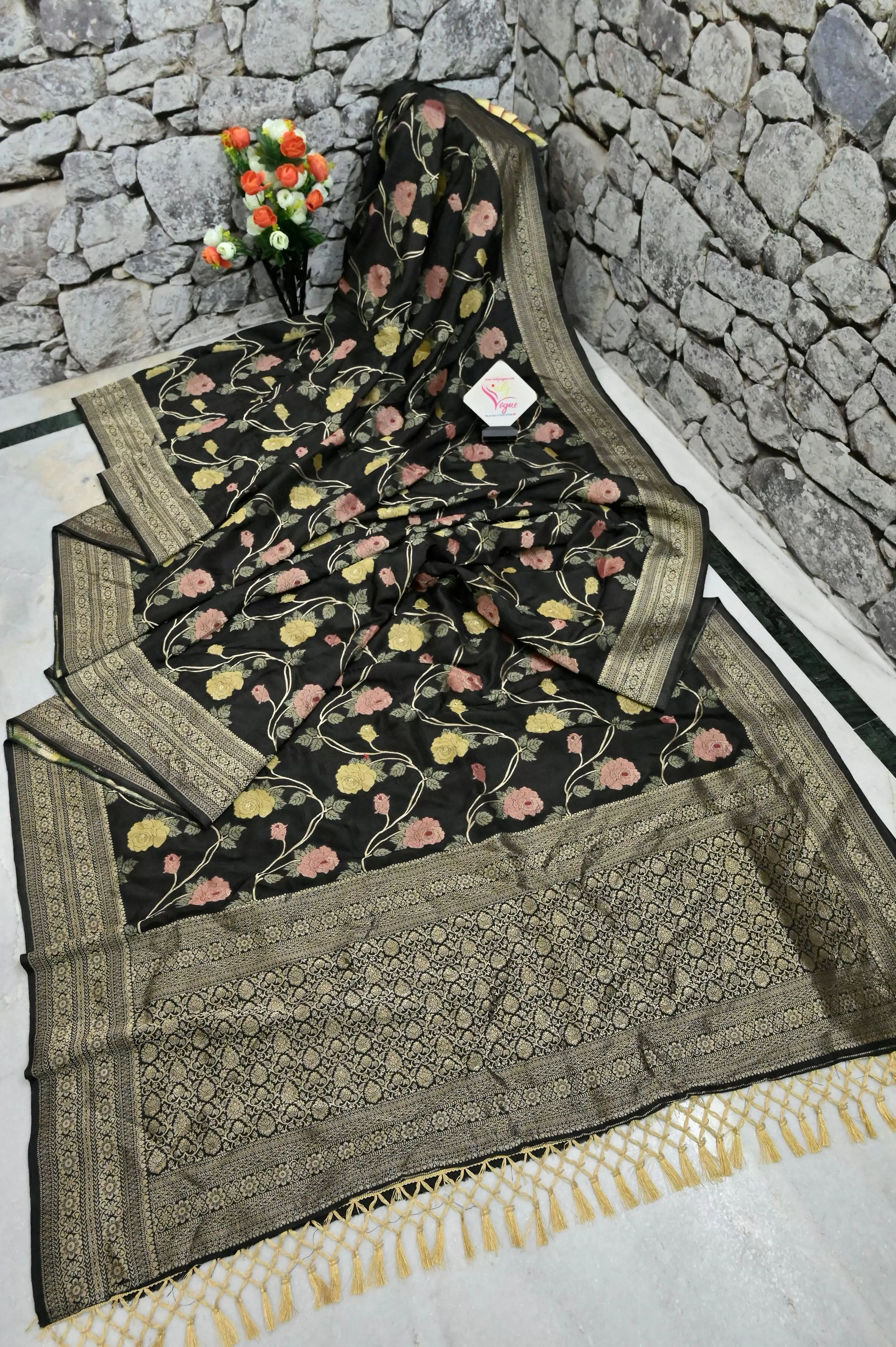 Jet Black Color Muga Banarasi Saree with Allover Jaal Work