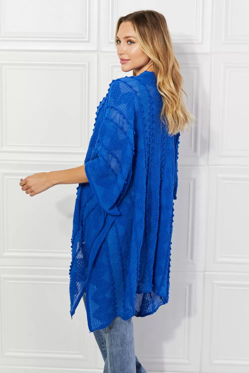 Justin Taylor Pom-Pom Asymmetrical Poncho Cardigan in Blue