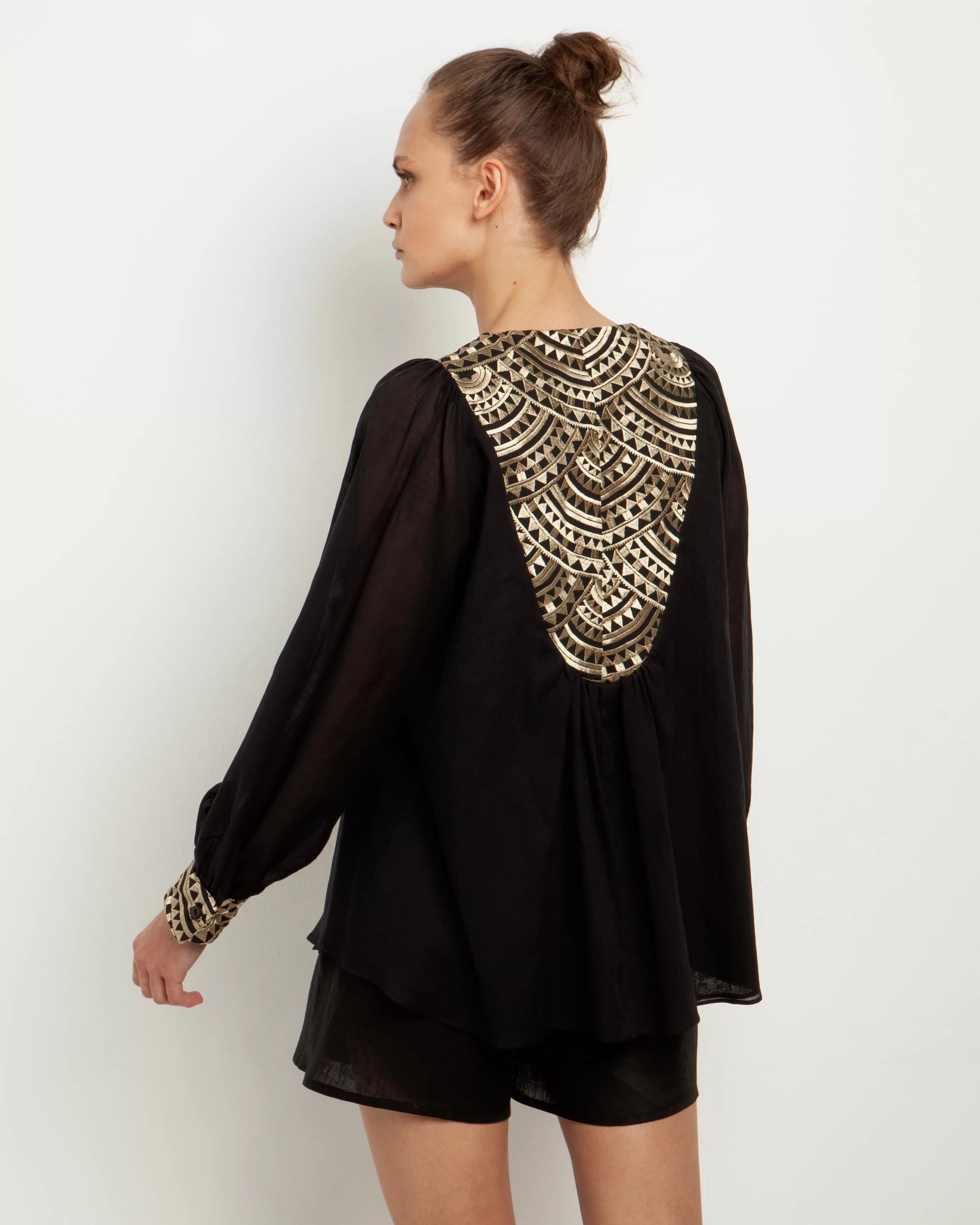 Kori Embroidered Cotton Blouse | Black & Gold