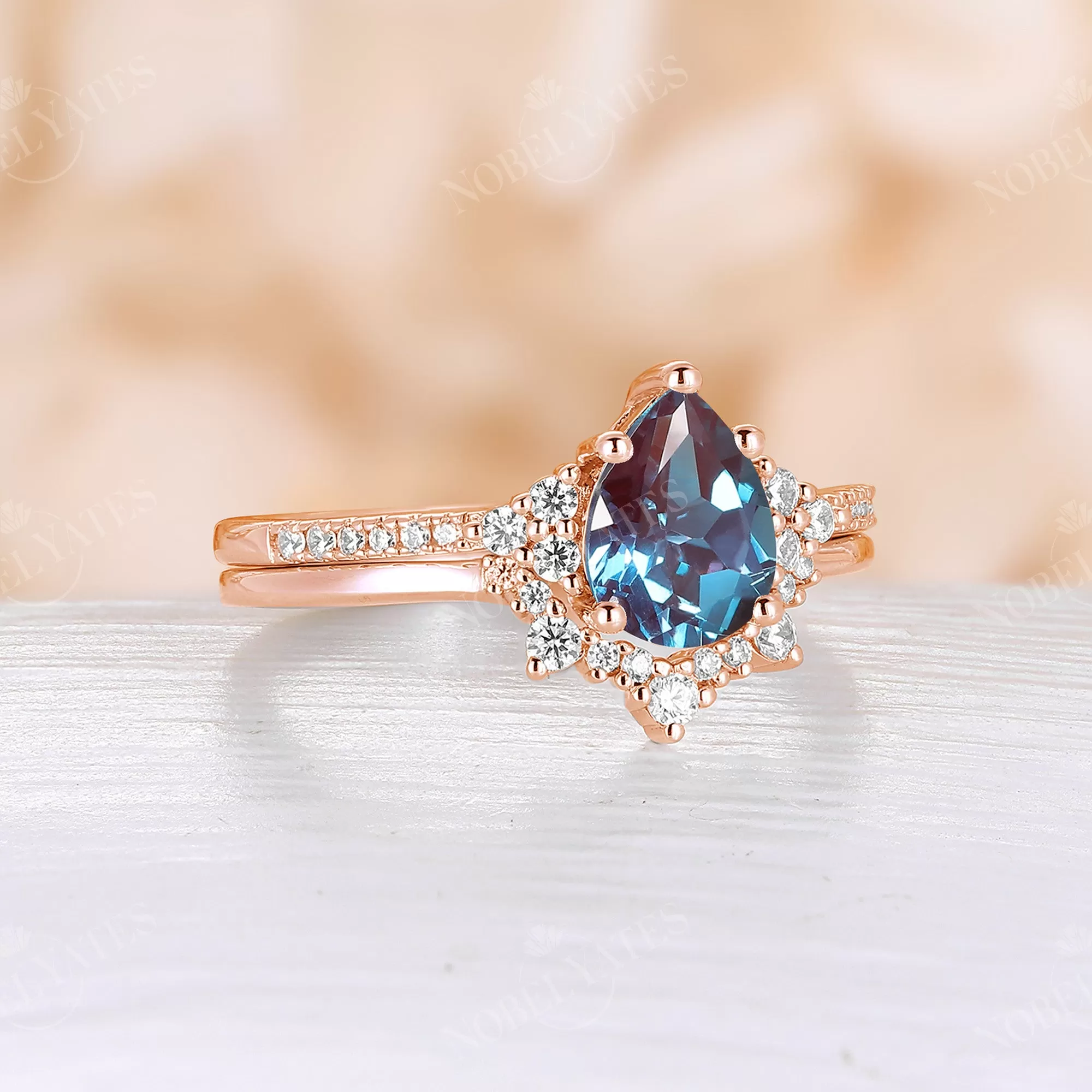 Lab Alexandrite Pear Cluster & Pave Bridal Set Rose Gold