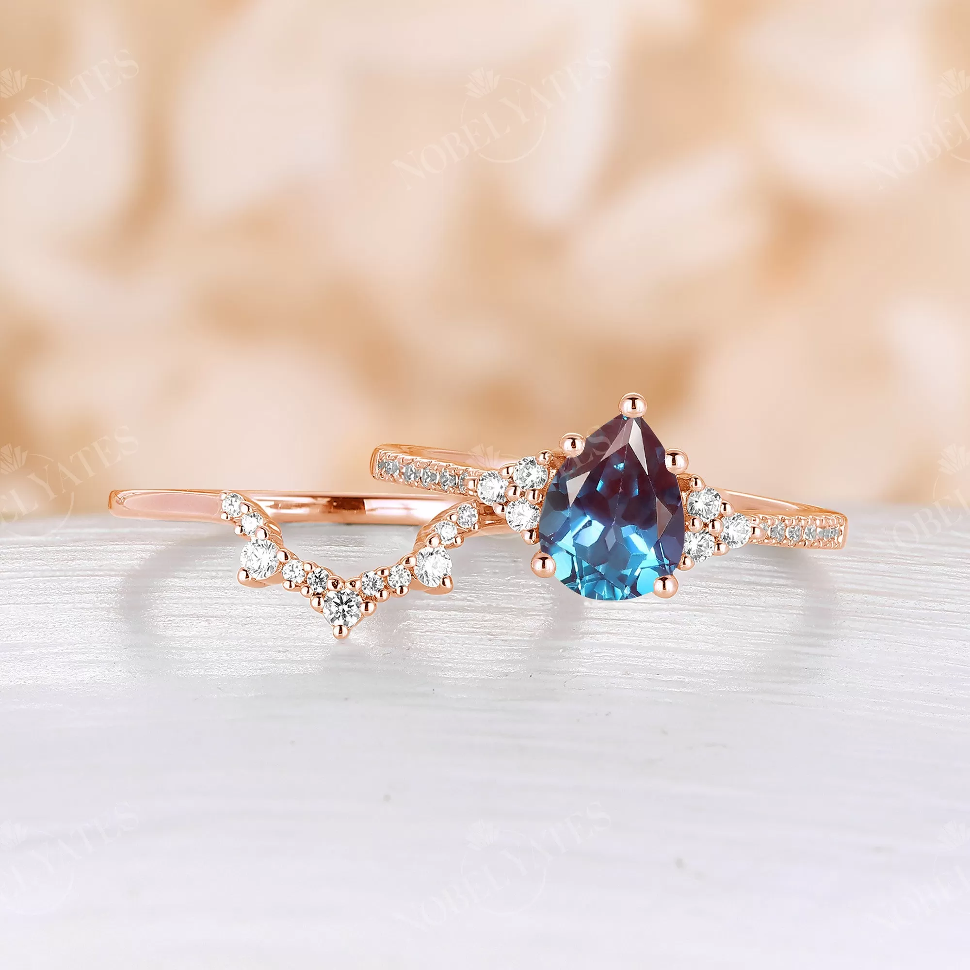 Lab Alexandrite Pear Cluster & Pave Bridal Set Rose Gold