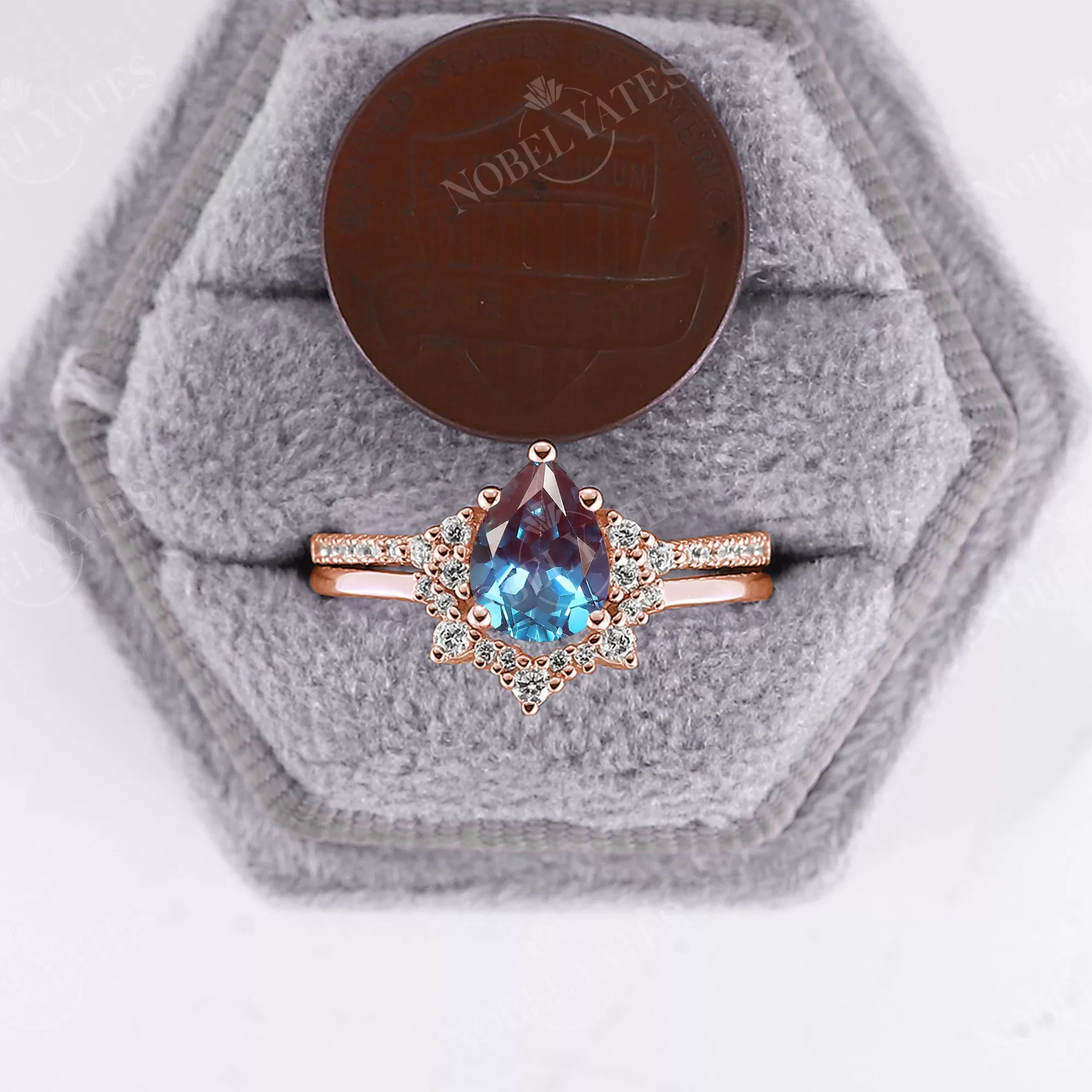 Lab Alexandrite Pear Cluster & Pave Bridal Set Rose Gold