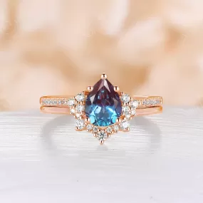 Lab Alexandrite Pear Cluster & Pave Bridal Set Rose Gold