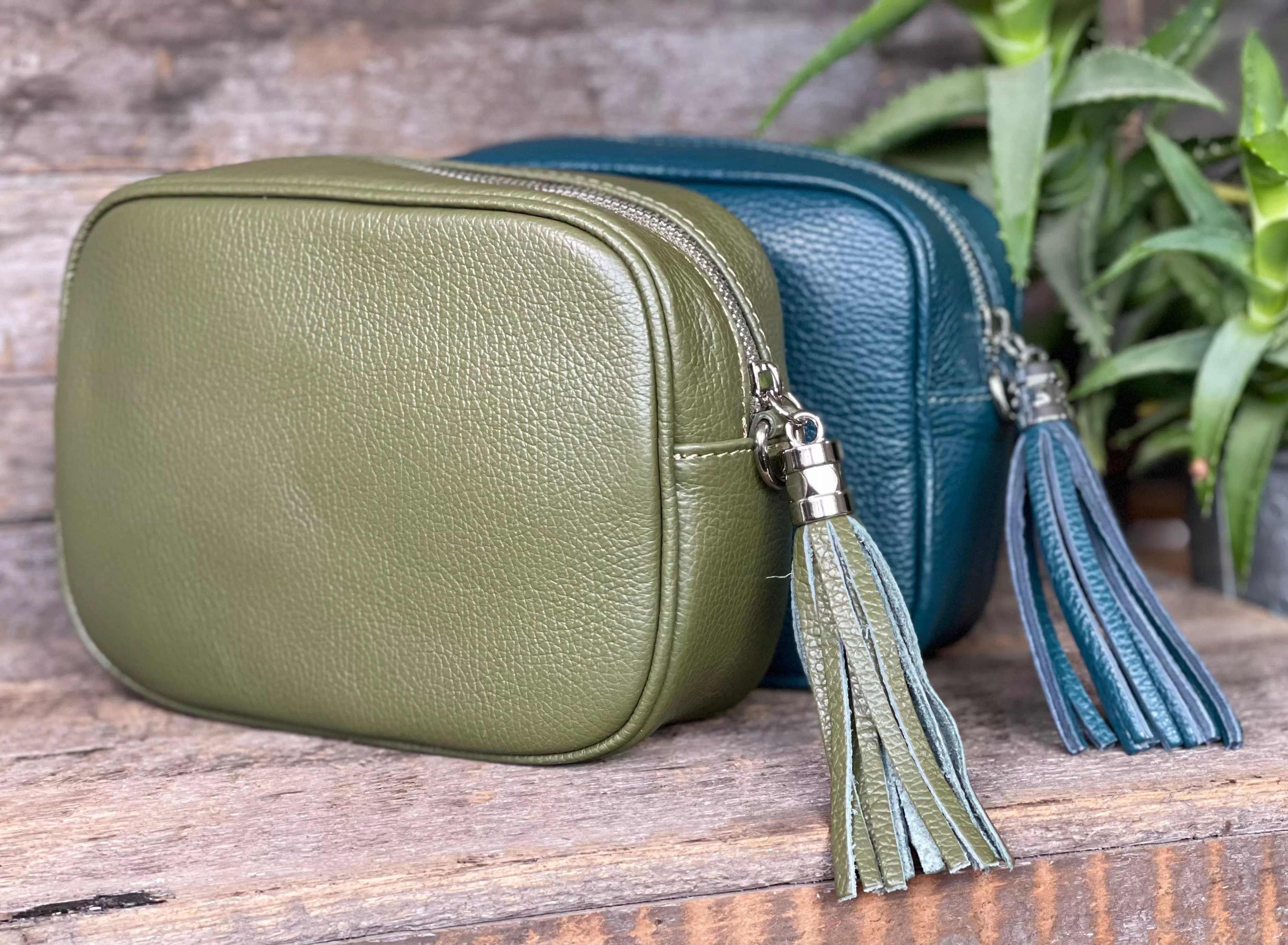 Leather Tassel Bag - Olive With Silver Finishings