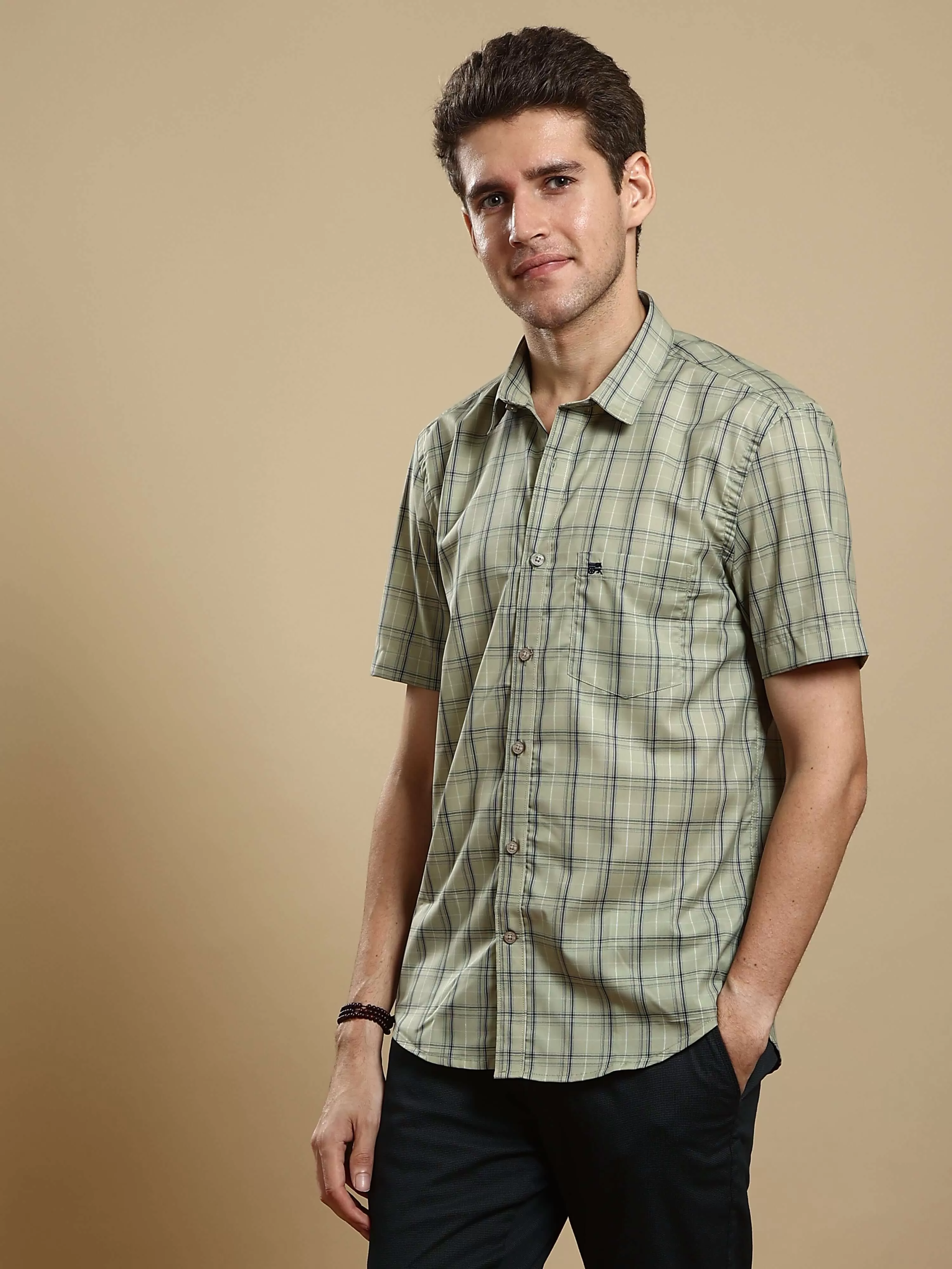 Light green casual check half sleeves shirt