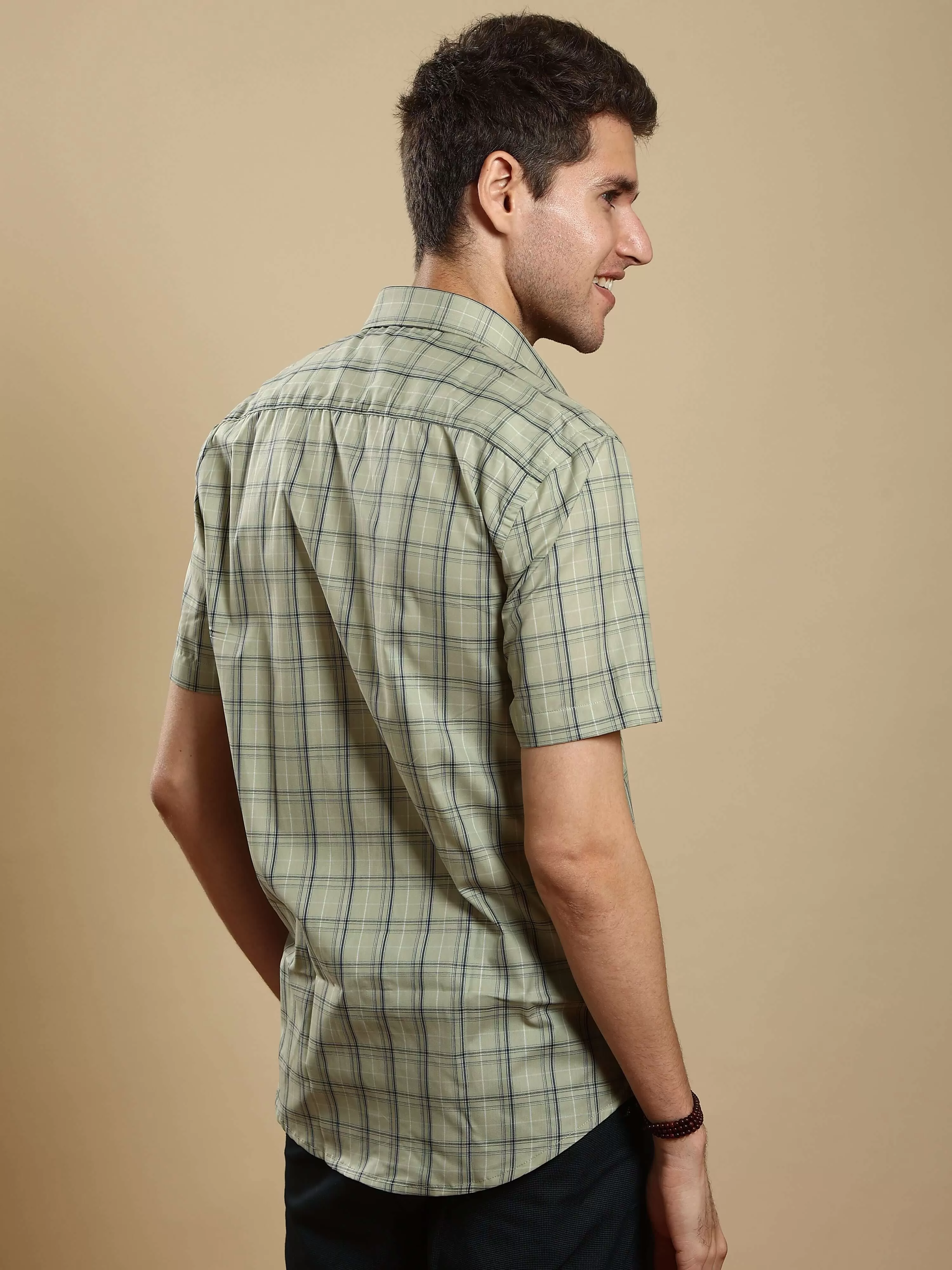 Light green casual check half sleeves shirt