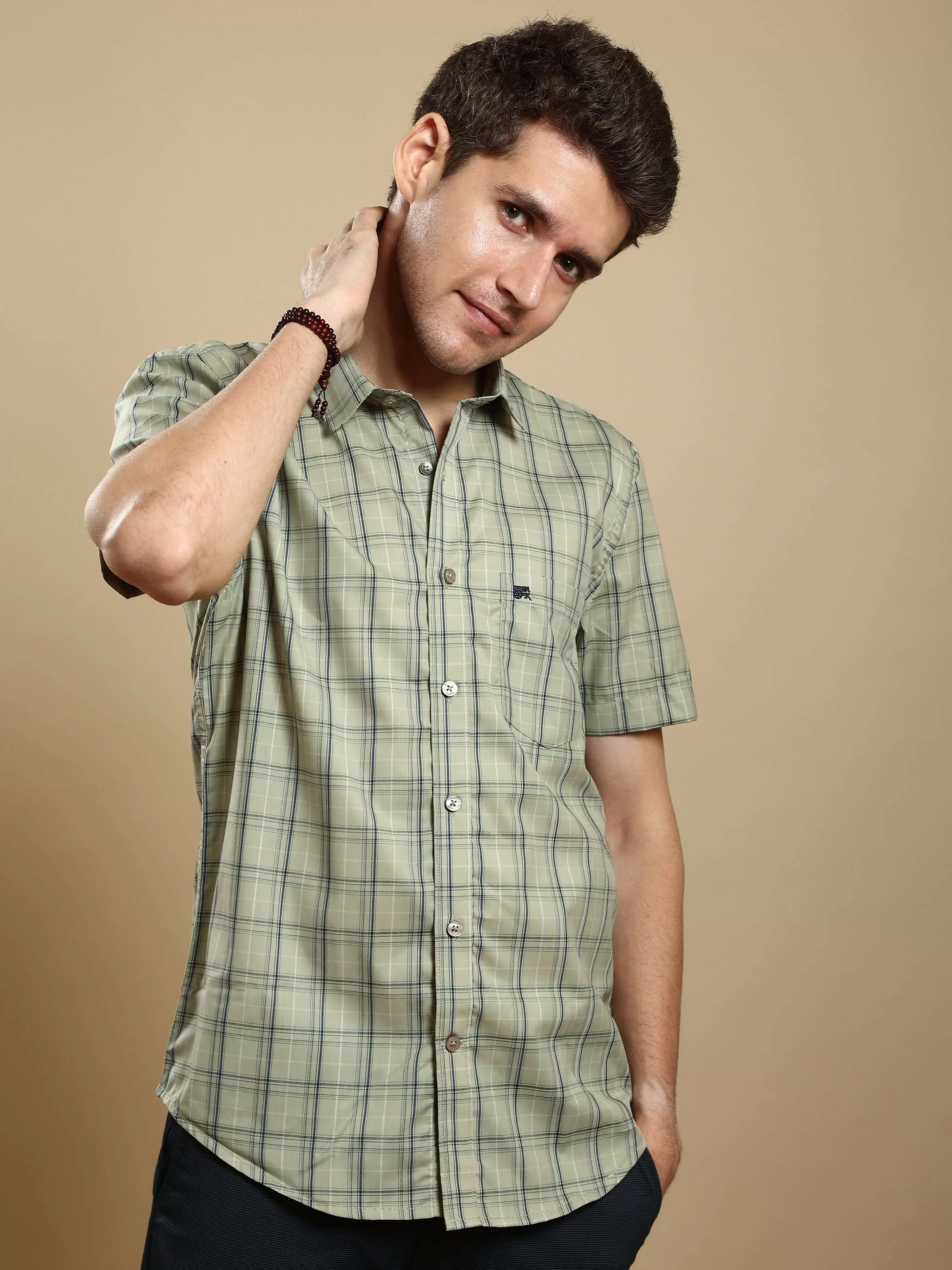 Light green casual check half sleeves shirt