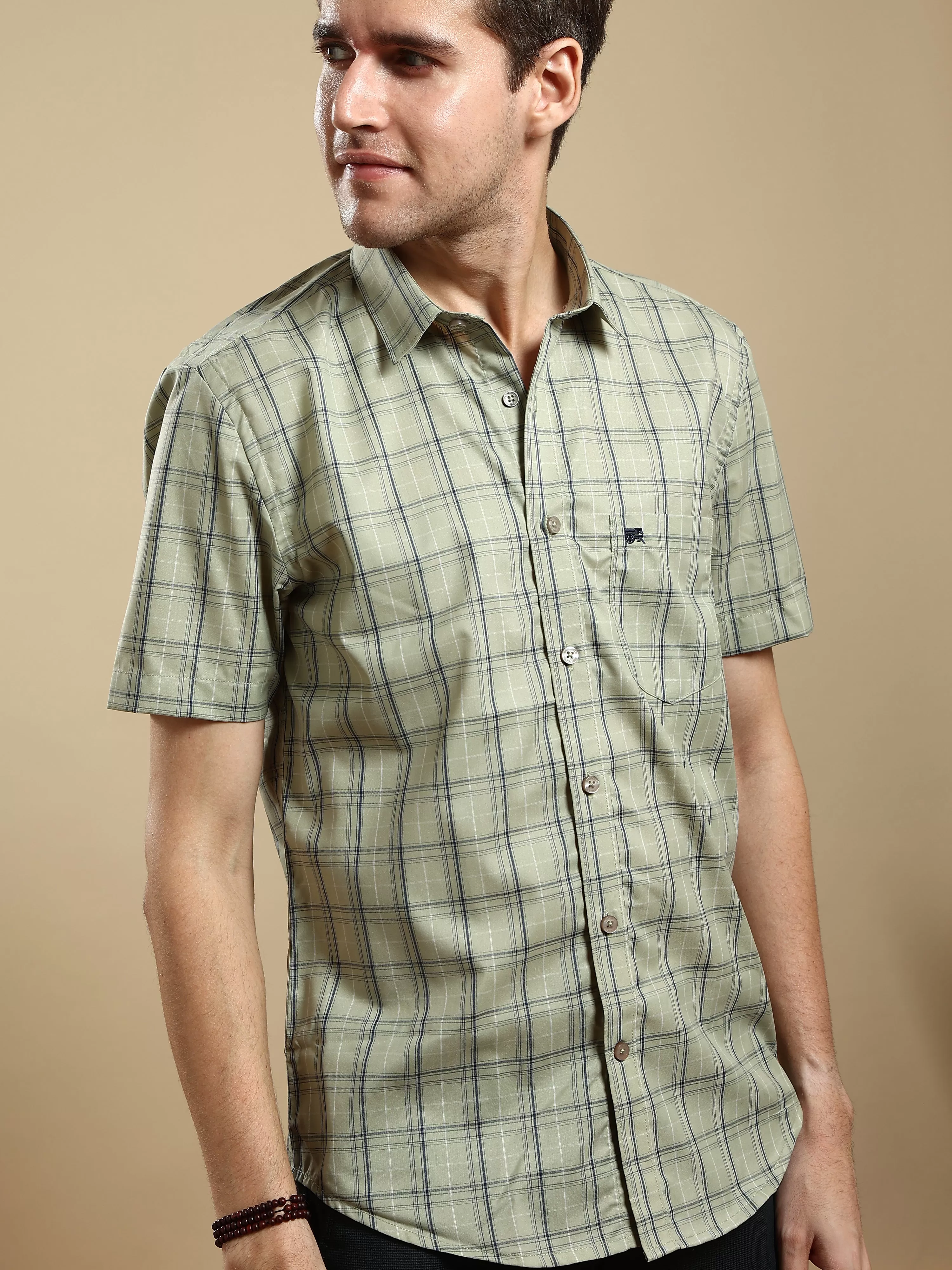 Light green casual check half sleeves shirt